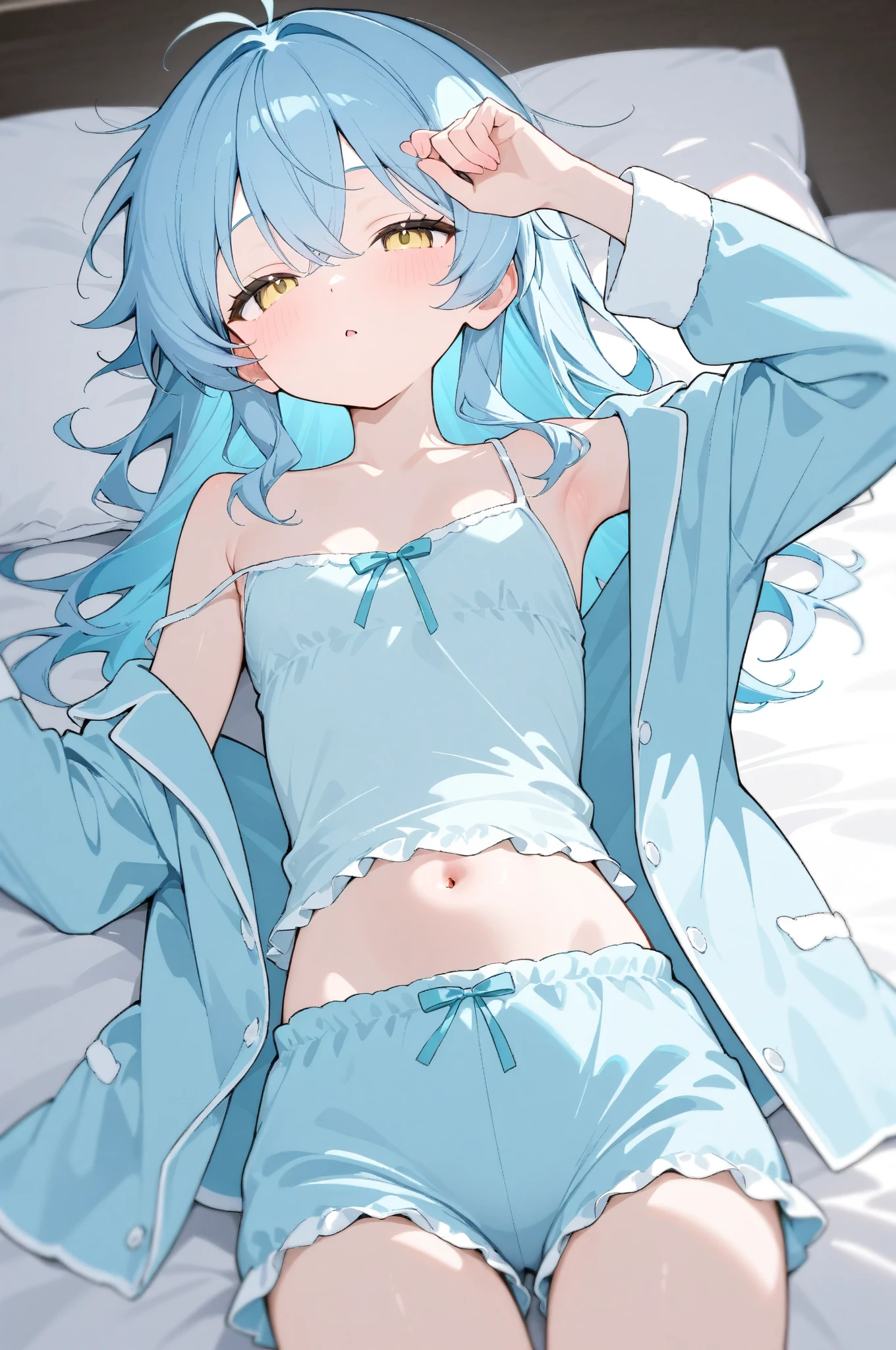(musterpiece), (best quality), (score_9, score_8_up, score_7_up), very detailed eyes, expressive eyes, perfect face, very detailed face, highly detailed face, beautiful girl, 8K, beautiful girl, (white background:1.3), delicate and beautiful face and eyes, dark intense shadow, 1 girl, solo, vtuber style, cool girl, hololive, vtuber, HoshimachiSuisei, blue hair, blue eyes, low ponytail, (cheep camisole top), oversized white camisole, Cute boxer shorts, off the shoulders, Healthy slim body, flat chest, soft chest, cleavage, clavicle, cameltoe, half-closed eyes, sleeping, breathing, ass visible through thighs, (whole body), sleeping face, lying on back,lying on bed, arm up, arm on forehead, armpit, look up, light smile, one knee up, pov chest,