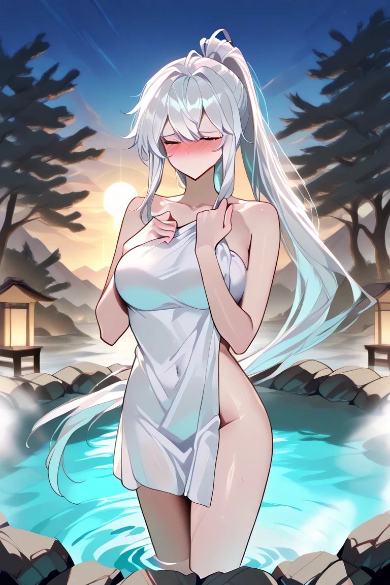 (masterpiece, best quality), 1girl, white hair, long hair, pink eyes, blossom, in hot springs, blossom, naked, in the , naked, facing backwards, two horn, tatto yakuza,