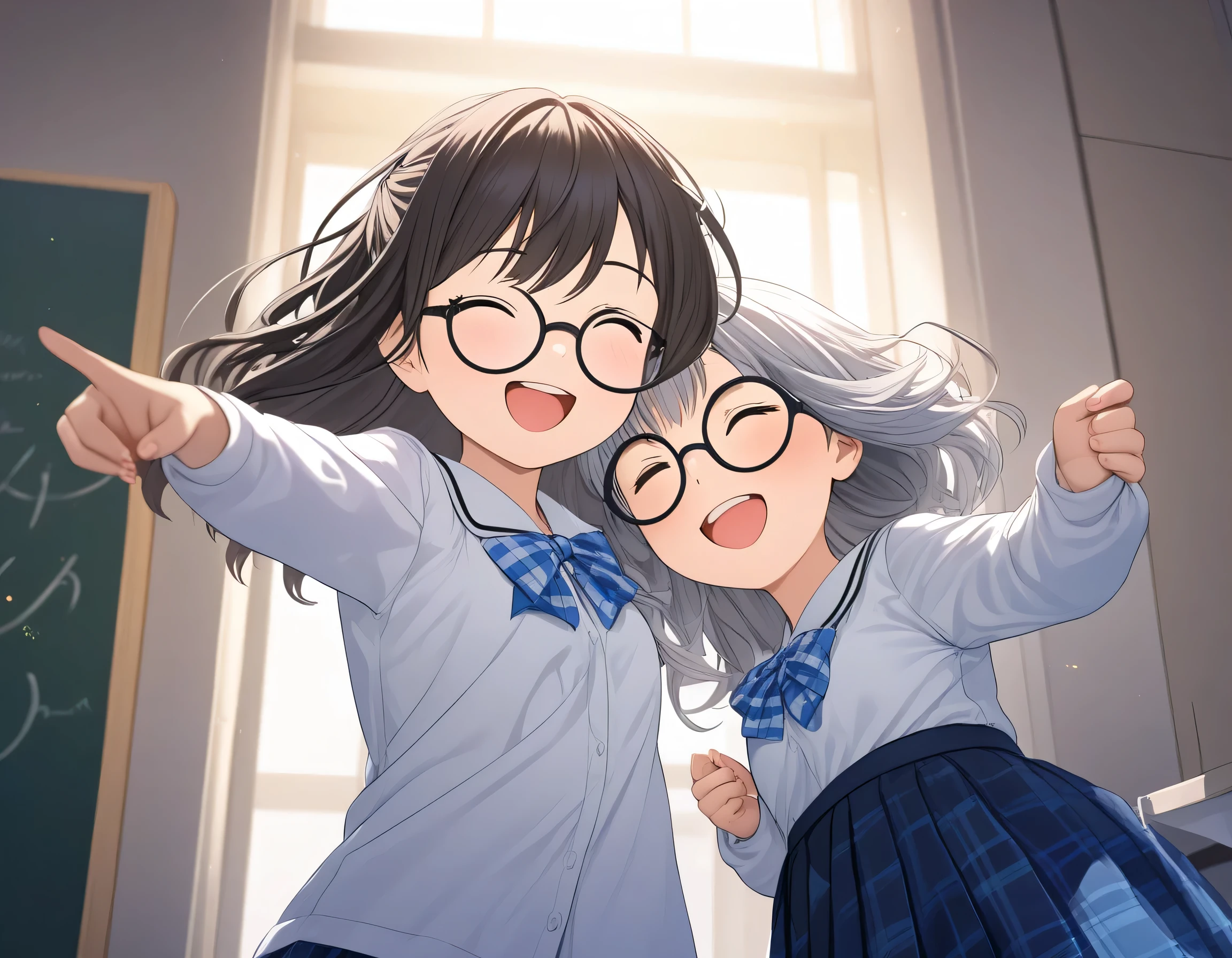 ((ultra-detailed)), (highly detailed CG illustration), (best quality:1.2), ultra-highly detailed, colorful composition, artistic photo, pop color, 2 girls:1.3, moe anime character, chibi, chibi character, round face, rounded chin:1.2, short stature, Yuri:1.3. ample breasts, school uniform, blue stripe neck bow, long sleeves white shirt, blue checked pleated skirt, and white high socks, symmetrical posture, cheek-to-cheek:1.4, from front, from below, eye contact, cowboy shot, BREAK

(girl A is Sena:1.2), thick eyebrows, brown eyes, sagging eyes, black hair:1.3, long hair, half updo, (wearing glasses:1.3), (round eyewear:1.3),  half updo, closed eyes:1.1, (laugh:1.4), laughing, crying, blush:1.3, Sweat:1.4, BREAK

(girl B is Marika:1.2), blue eyes:1.3, sagging eyes:1.3, silver hair:1.3, long hair, two side up,  hair ribbon with black, grin:1.2, blush:1.3, tickling:1.4, BREAK

standing in the classroom, best quality, masterpiece, From below, dynamic angle, joyful pose, dynamic pose:1.3, contrapposto pose, expecting, pink cheek, blush, light pink gloss slip, portrait, depth of field, soft lighting, sidelighting, shine, lighting, caustics, ray tracing, 4 fingers, 1 thumb,