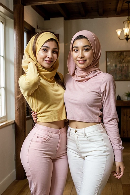 (view from behind), ((view from above:1.5)), (birds eye perspective), In an empty and hushed classroom, two young (hijabis) huge breasts hourglass figures round ass hijabi muslim students stood side by side hugging presenting their ass to viewer looking at viewer, their youthful energy and camaraderie evident in their stance. Both students were comfortably in (fitted long jeans), and matching (lace hijabs) body figure ready for whatever the day would bring. Their bare ass revealed their toned arms, showcasing their strength and determination. The vibrant colors of their hijabs added a cheerful touch to the otherwise quiet classroom, reflecting their vibrant personalities. The students' long jeans hugged their legs, accentuating their youthful grace and agility. Their matching hijabs, completed their sensual yet put-together look.,gluteal, skin texture, ultra high res, RAW, instagram LUT, masterpiece, best quality, ultra-detailed, ultra high resolution, best shadow, RAW, 4k, red lips, (looking at viewer), ((extremely detailed eyes and face)), ((beautiful detailed nose)), ((beautiful detailed thigh)), ((beautiful detailed eyes)), perfect body proportion, they are hugging, (both wearing fitted long sleeves), (SFW:1.5))