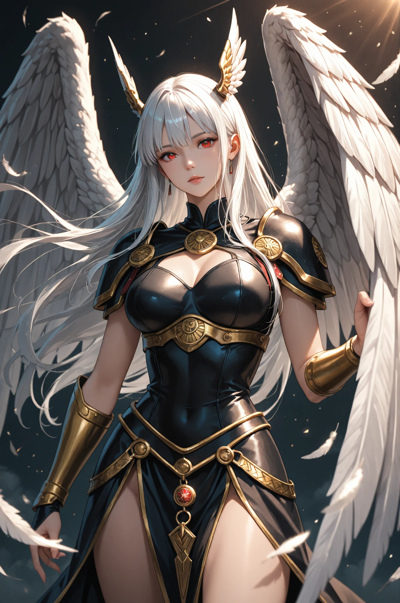 (work of art, best qualityer, ultra HD, 8k, wall-paper), Cinematic sensation, perfects eyes, detailedeyes, a man with black wings showing his entire body, Medieval costume of wide and elegant white warrior with strategic details in black, renderize a arte em uma impressionante resolução de 8k para mostrar todos os detalhes complexos, bringing the character and scene to life, set the stage under a clear, star-studded night sky, with the full moon casting its ethereal glow over the environment, capture the cinematic essence.