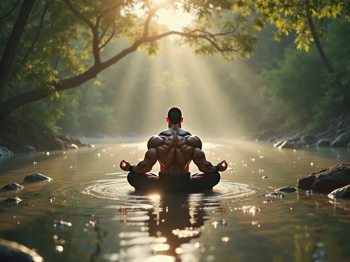 male character sitting in relaxation and meditation position. Ultra realista, ultra detalhado, anatomia perfeita, rosto bonito, detailed scenery, professional lighting, fotografia perfeita, fotografia premiada, Definition of success, alta qualidade, High definition, sharp focus, foco inteligente, detalhes intrincados, ambiente natural, natural lighting.