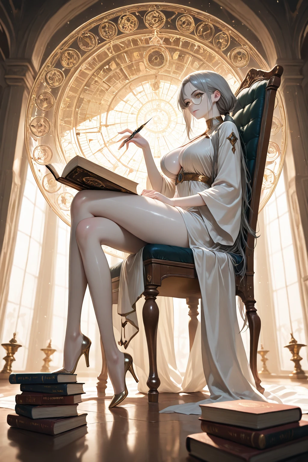 beautiful Russian adult sorceress, with glasses on, wide cheekbones, tiara with magic stone, with bare legs, beautiful shoes, bare-shouldered, sitting on big books, foto realista, digital photography.