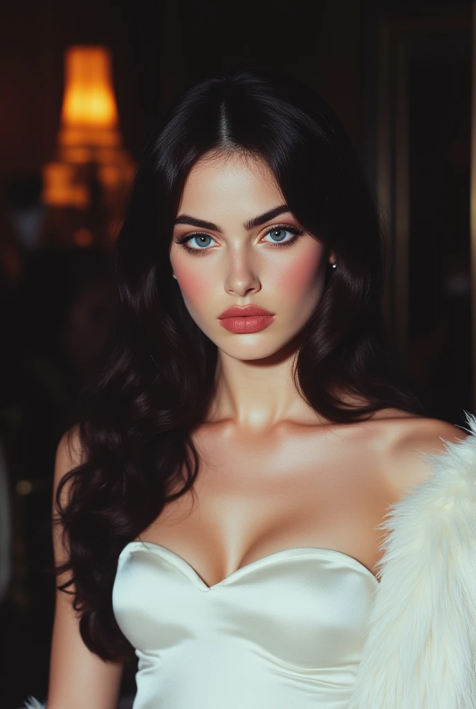 there is a woman sitting in a chair with a red lipstick, seductively looking in front, angelawhite, portrait sophie mudd, purple eyes and white dress, pale-skinned persian girl, sexy girl with green eyes, close up half body shot, waist up portrait, portrait soft light, gorgeous female jade tailor, sultry expression, boudoir photography