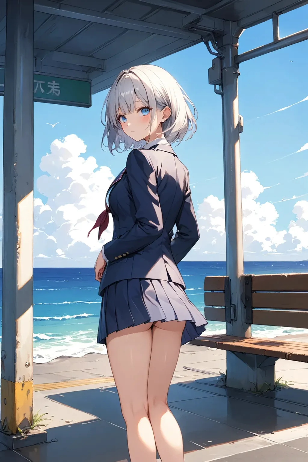 high quality,4K high resolution,Accurate, charming,young woman, thin A cup size breasts, Black eyes big eyes, glossy lip, silver hair short cut, tie,cute blazer, Mini skirt, Knee-high Socks Espadrilles, moorning beach
