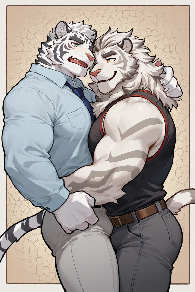 A male snow leopard with black fur and blue eyes. He has a broad face, a long tail, and a pair of fangs in his mouth. He's big, shaggy, and has a happy expression. He was wearing a red jacket, black trousers and a necklace with a cross. He is a loyal and brave snow leopard who loves to protect and lead. He is shirtless and has gray hair on his back and white on his belly.