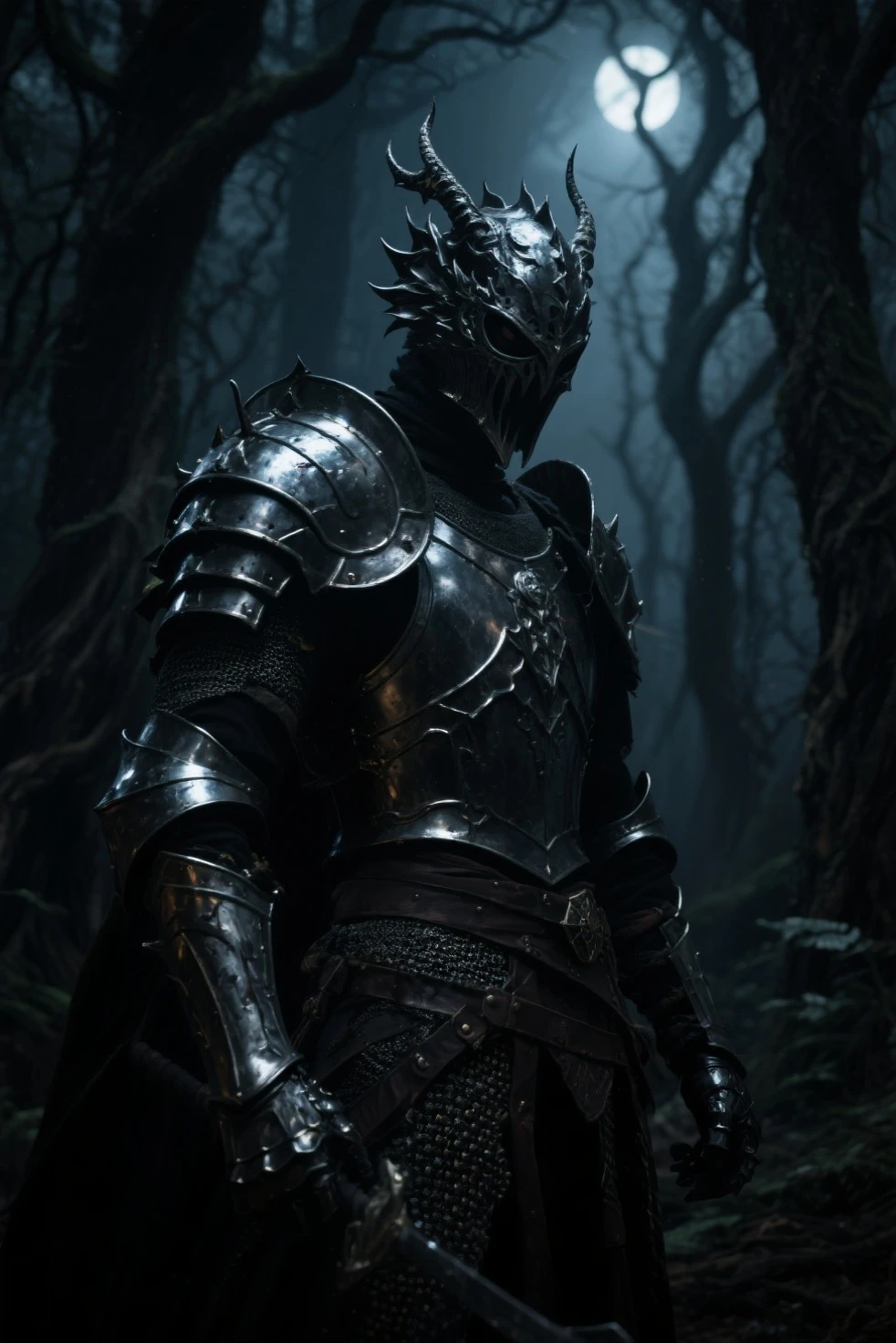 extremely detailed 8k wallpaper), intricate, highly detailed, dramatic, The Dragon Lord wears highly detailed black steel shoulder pads modeled after dragon heads with shimmering silver trimmings and ornaments, an overlying gray cloak with an extremely detailed large hood that falls low over the bearded face highly detailed gray feathered dragon wings with translucent membranes, insanely realistic graphics, insanely detailed details, ultra realistic and highly detailed heavy black steel armor with shiny silver shiny decorations on a gray tunic, extremely detailed heavy black steel gloves, steel boots with reinforced shiny silver ornaments, in a vaulted hall during the leisurely walk through the somber cathedral on a red velvet carpet, (show perspective from above) during the passage of a sombre vaulted passage with many windows through which the light falls,