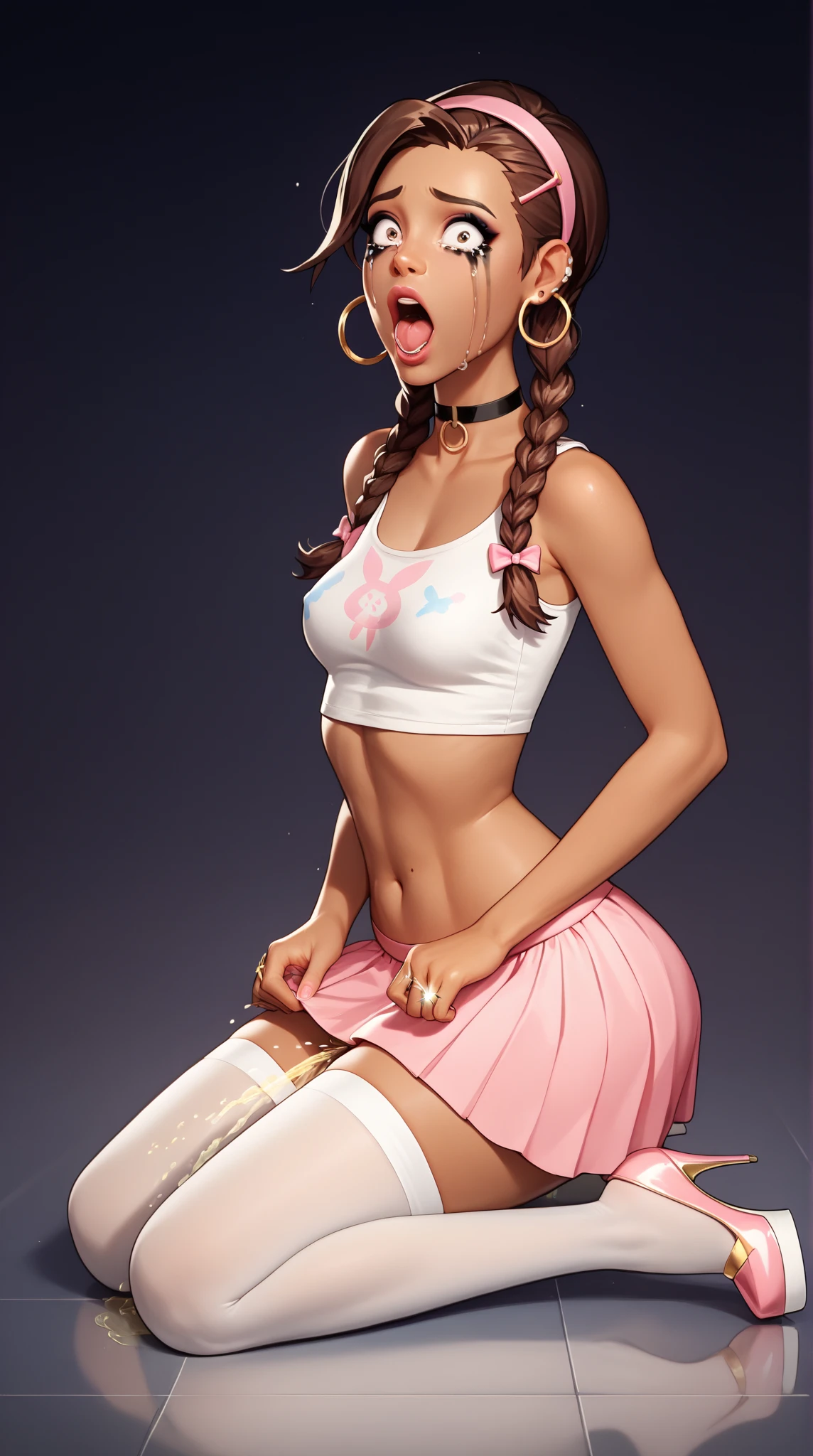 nsfw, (best quality:1.4),(shiny skin), body focus, (cute face), (((best quality))), illustration, ((Beautiful Finger)), , Beautiful body, Beautiful character design, midriff, (parted lips:1.4), (nose blush:1.2), ((breasts visible, Showing breasts)), (cinematic lighting), ((high-angle view)), (half body shadow), [backlighting], [crepuscular ray], [detailed ambient light], [gray natural lighting], [ambient light on the belly],  [explict content], [sharp focus], (questionable content), (shaded), ((masterpiece), Commission for High Res, masterpiece, best quality, detailed image, bright colors, detailed face, perfect lighting, perfect shadows, perfect eyes, flawless face, gorgeous body, shiny body, center focus, gaze at the viewer, solo, (masterpiece:1.21), (best quality:1.2), (illustration:1.2), (cinematic lighting:1.3), ，inside in room,extremely detailed face, (cute face), perfect lighting, extremely detailed CG, (perfect hands, perfect anatomy),(half ass:1.2), (medium ass:0.8), panties, small breasts, Masturbation，,perfect lighting, Colorful, Bright_Front_face_Lighting, ultra high res, highres, absurdres:1.2, bokeh:1.2, lens flare, (vibrant_color:1.2), (Beautiful, medium breasts:1.6), (thick thighs:1.1), THICK, 
1girl, Brown hair in a low ponytail, rounded glasses, brown eyes, lustful expression, silver hoop earrings, topless, purple plaid skirt, barefoot, arms crossed, frontal view, (:1.2),  (red lingerie),