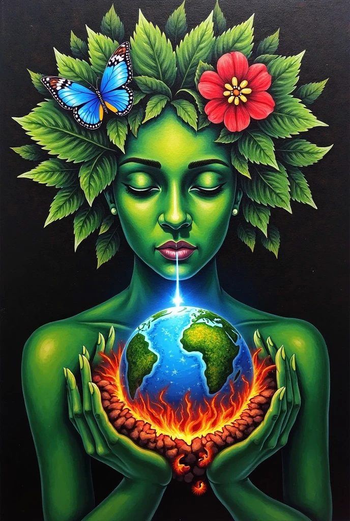 View from below of a full-body woman in a completely naked brunette perspective looking down at the small planet Earth, which she holds in her hands at the height of her vagina like a superior goddess who has given birth to it. Her hair is made up of thick moss that partially covers her breasts and vagina.
Your setting is the ethereal cosmos full of magic and myth. It is Mother Earth of prehistoric man.
