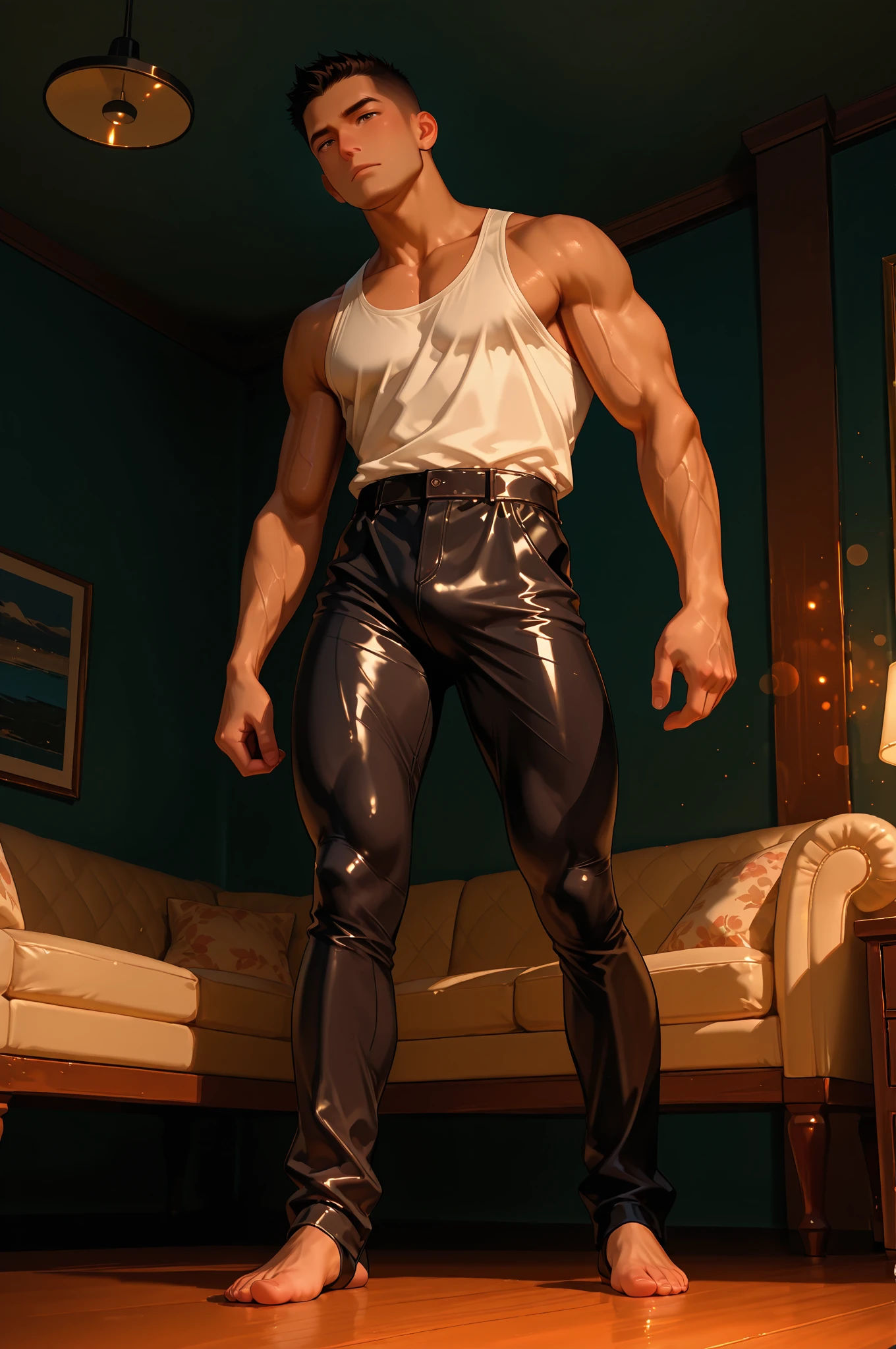 (absurderes, A high resolution, Ultra detailed, hdr), Masterpiece, Best quality, Portrait of a boy, Handsome boy with red eyes, Detailed face, Professional photo, The Alafed man is shirtless, Sit comfortably，legs are open, (puffynipple(From below:1.1)), Focus on your audience,18 year old boy, Handsome boy, [ Firmly defined body ]，black tanktop，short white pants，large bulge，Black leather shoes，Close-up of feet，prinz，