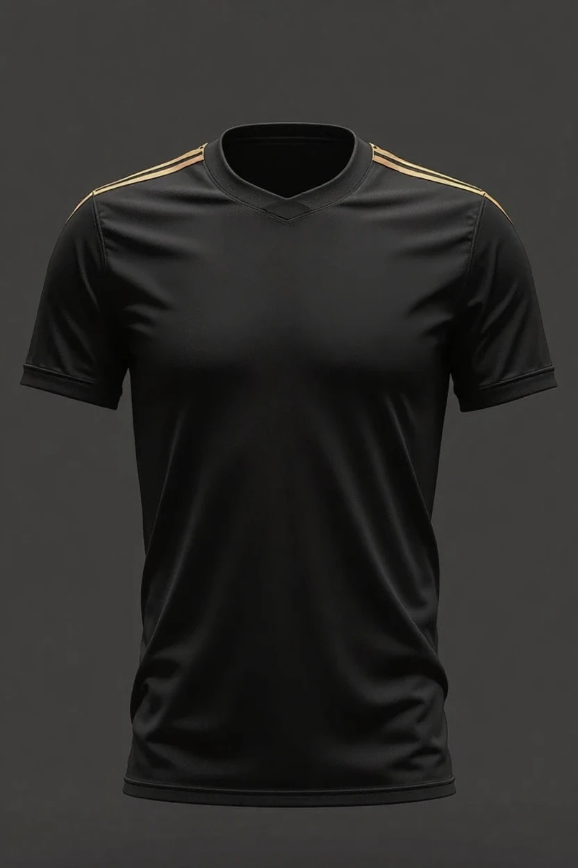 team t-shirt with black background, v-neck , with gold details on the ends
