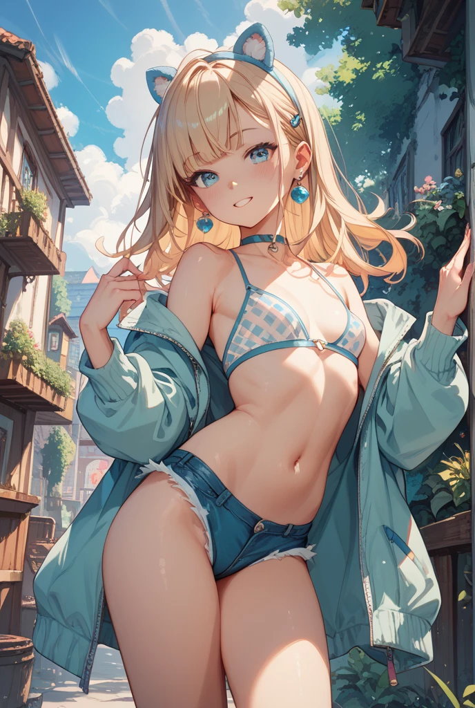 (masterpiece), (best quality), (ultra-detailed),(Style Princess:0.8), Solo, (1girl), single, The face is round and cute, (Dot pattern Panties), ( light blue panties), light blue bra, ultra-small panties, Exposed shoulders, Exposed thighs, only panties and bra, Nudie, (Plain panties), (Wrinkled_Panties), extreamly detailed crotch, Crotch line, Standing, Well-endowed, breasts,(Angle from below), chuckle, My cheeks are red.Overreaction:The girl's surprised expression was、Improbable overreaction.Drawn like a manga or anime。 Cheeks and hands are depicted,yellow Hair, braid, (graffiti murals wall background:1.15), Brilliant Colorful Paintings, bloom, Against Wall, Bangs, reflection