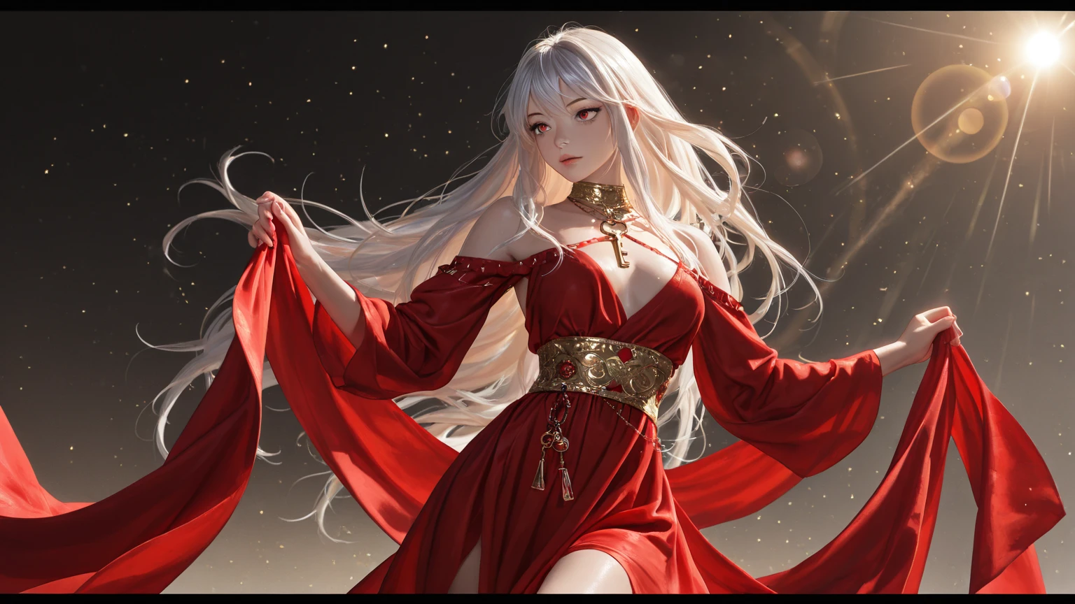 anime girl in red dress with fire and stars, goddess of fire, white hair, fantasy art style, the fire queen, fire dress, fire goddess, silver white hair, appears as the fire goddess, holy fire spell art, beautiful celestial mage, silver white hair, lava and fire goddess, anime fantasy artwork, hot fire goddess, anime goddess, silver white hair, 8k high quality detailed art, anime fantasy illustration, dress made of fire