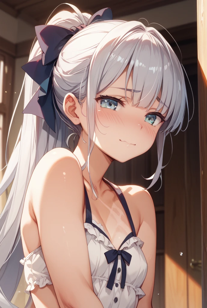 (((best quality)), ((masterpiece)), (details), masterpiece, best quality, high quality, ulutra detailed, perfect face, ((1girl, blue eyes, cat ears: 1.3 silver bob hair: 2.5,)) 、Shiny Hair、Glowing Skin、blush、Lustful look、breakfast、Japanese food、sleepy