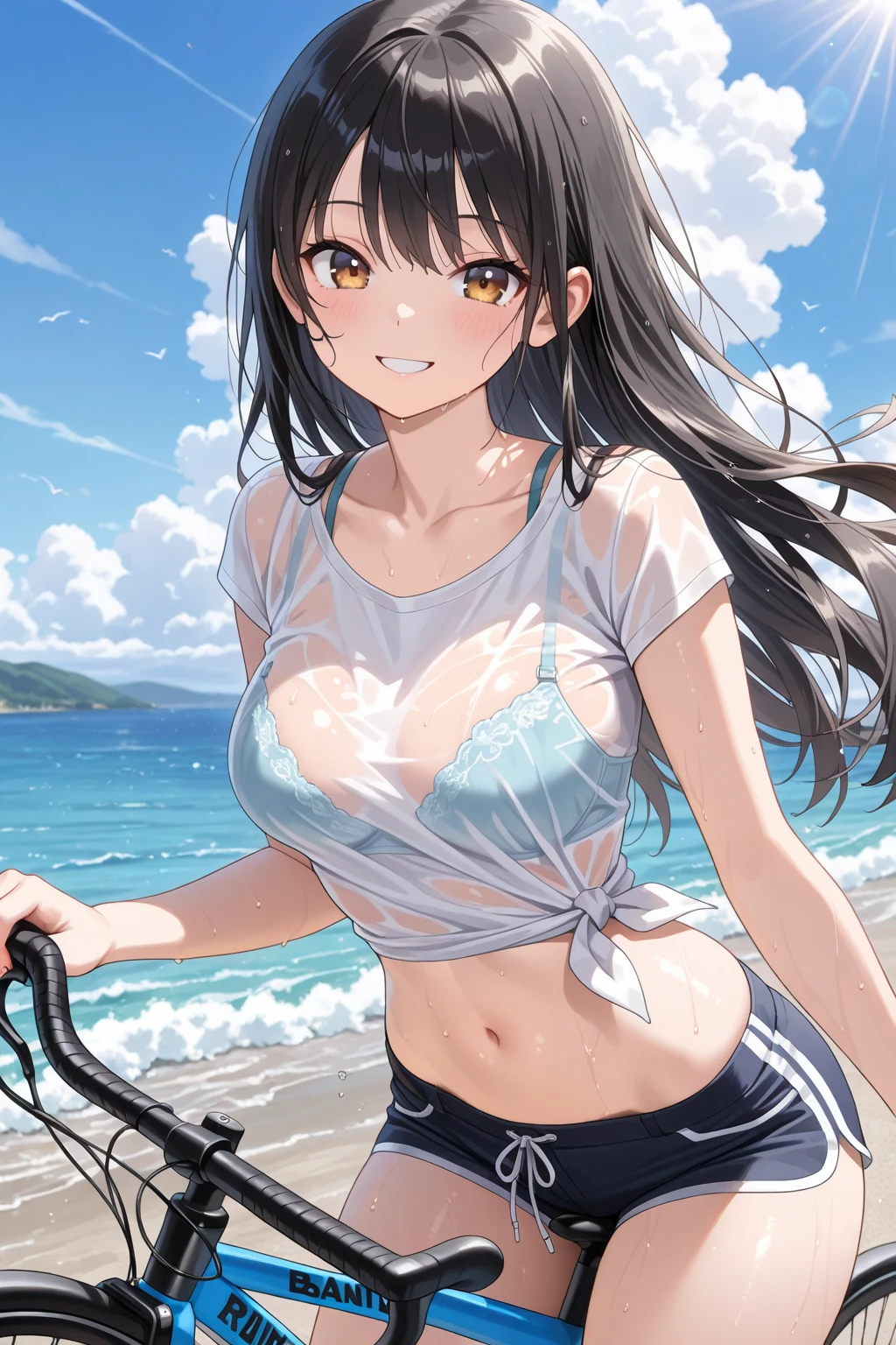 (8K、Highest quality、Highest quality、masterpiece)、Detailed face、One Girl、 
(Brown Skin:1.2)、Black Hair、Long Hair、
Pink Eyes、Sweat、Grin、
(White tank top、Denim hot pants)、
Beach、cloud、
belly button、Big Breasts、