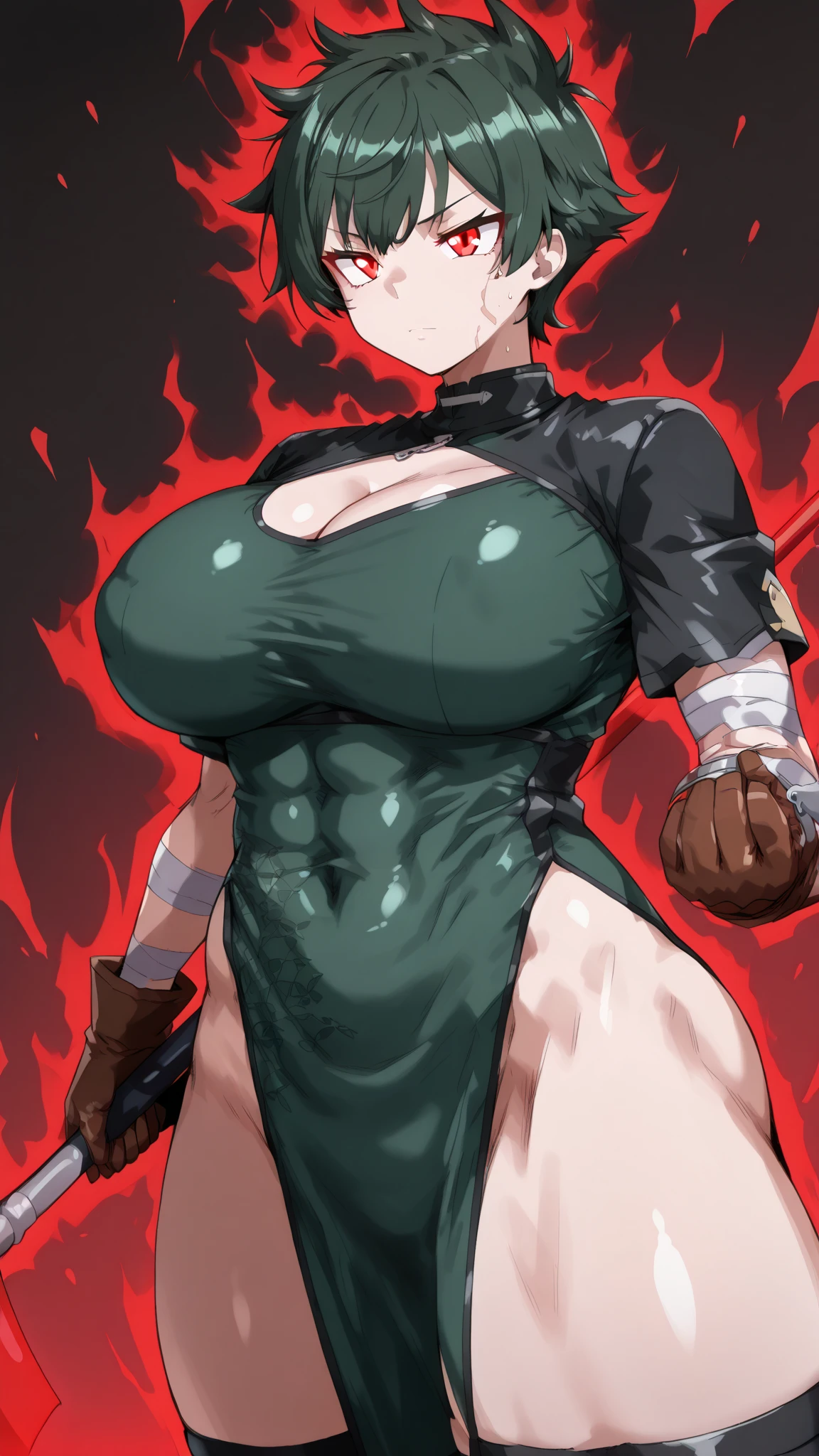 ((masterpiece, best quality)),(complex light), 1female,solo,upper body, goku black,black hair,black eyes, green potara earrings, large breasts, wide hips, curvy, thin waist, Black gi, red martial arts belt, (torn clothes:1.2), solo girl, armpits, arms up