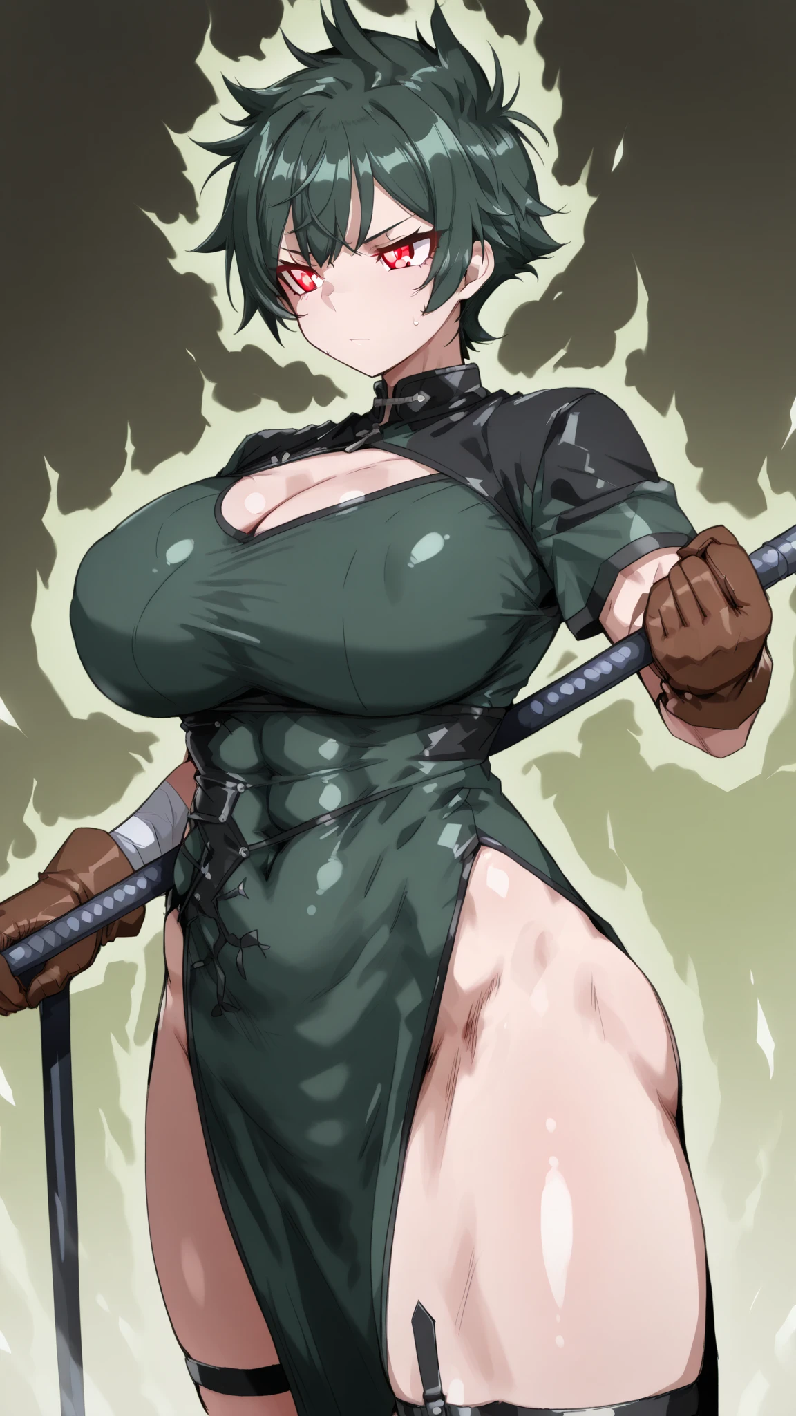 brandish, 1girl, solo, looking at viewer, white background, upper body, anime coloring, , thighs, nude, navel, legs, nipples, scared, angry, looking up,