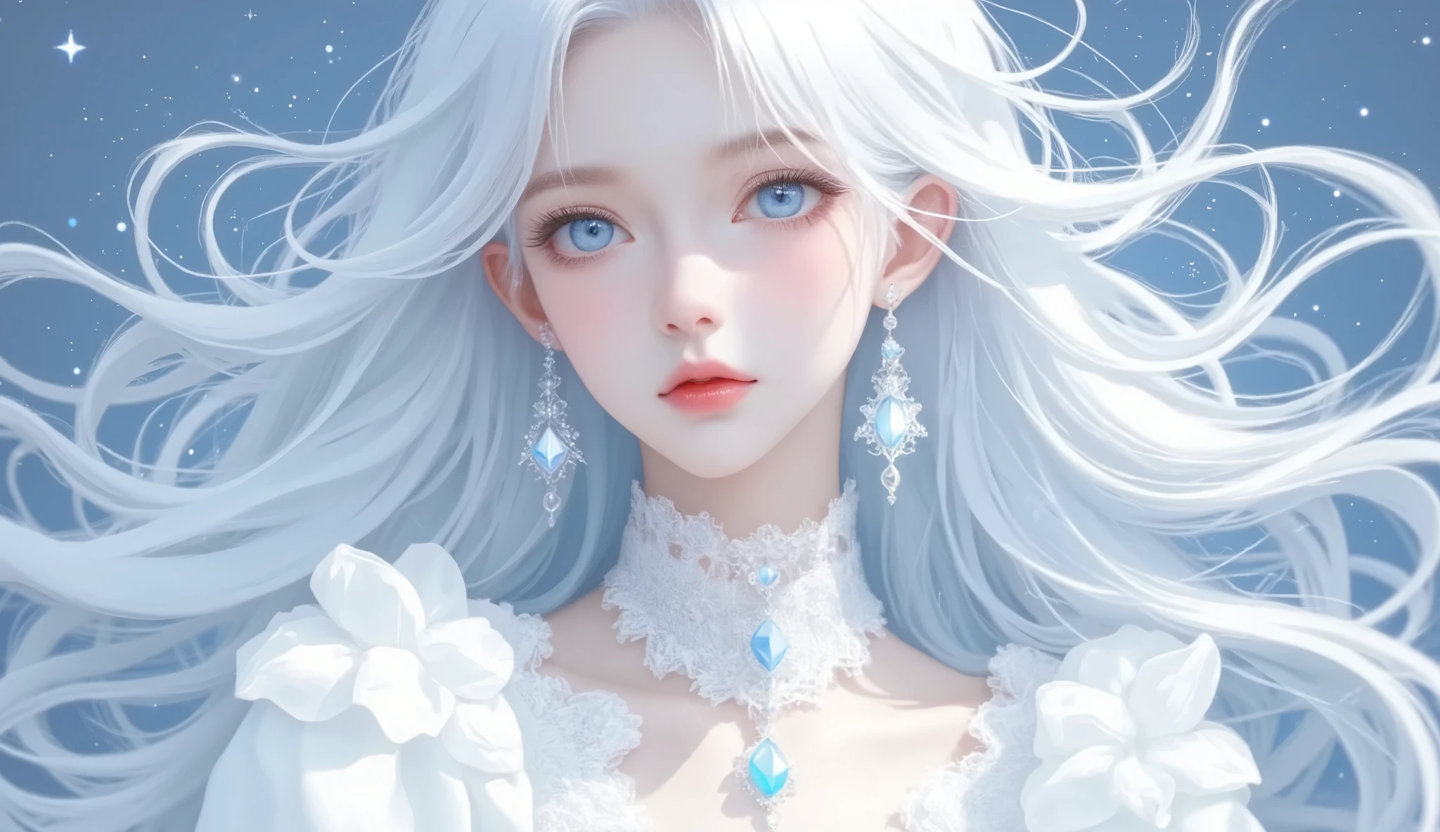 beautiful anime portrait with blue hair,is wearing a white shirt,antiquity风格的艺术作品,Flowing white hair,beautiful anime portrait,white hair floating in the air,soft anime illustration composed of starry sky water elements,White-haired girl,stunning anime face portrait,anime girl with blue hair,antiquity,beautiful anime art,ethereal animation,girl with white eyes,