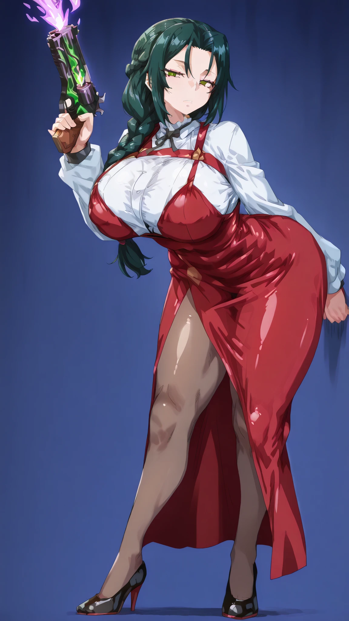 Micro Bikini,(masterpiece, Highest quality:1.1), ryouko_(world_muyou!), 1 Girl, alone, Big Hair, Blue Hair, Spiked Hair, Pointy Ears, Red earrings, Puffy sleeves, Pelvic Curtain, Yellow Eyes, Big Breasts, Jacket, Long sleeve, choker, Red gloves, sash, Red Pantyhose, Retro art style,, Huge breasts, Last,Happy, Sharp teeth, Victorian Fabric,, Butler, Best, coat,Long skirt, flip flops