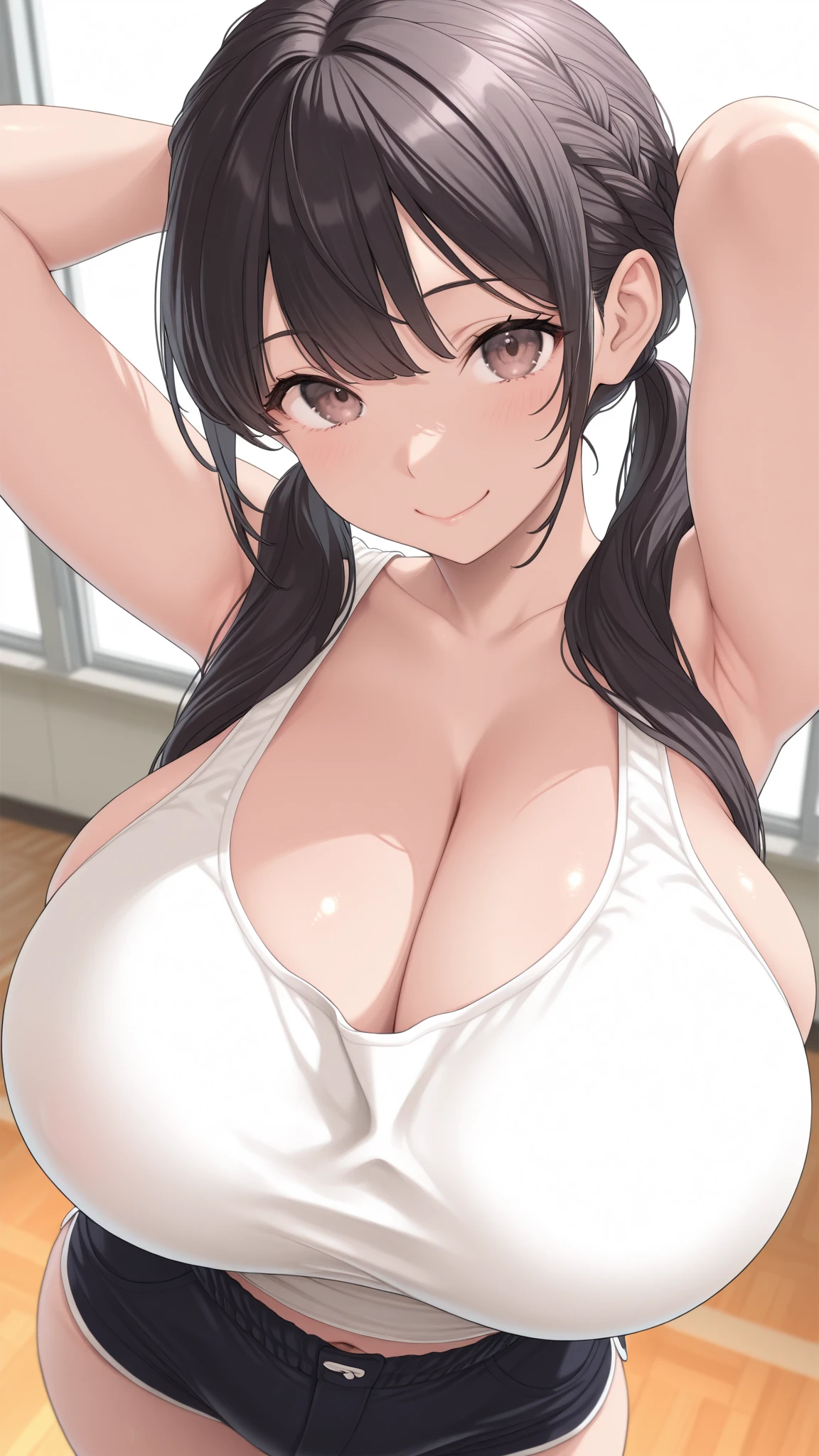 ​(5fingers, peace sign:1.8), masterpiece, Finest quality、(Female about 40 years old、wife、Married woman, mature woman:1.6)、(gleaming skin:1.6), (wet:1.4), looking at viewer, (see-through white Bikini:1.2)、Outstanding smile、gigantic breasts、Long hair、poneyTail、bangss、I'm sweaty、(school gym:1.6),1girl, short hair, black hair, gigantic breasts, curvy body,