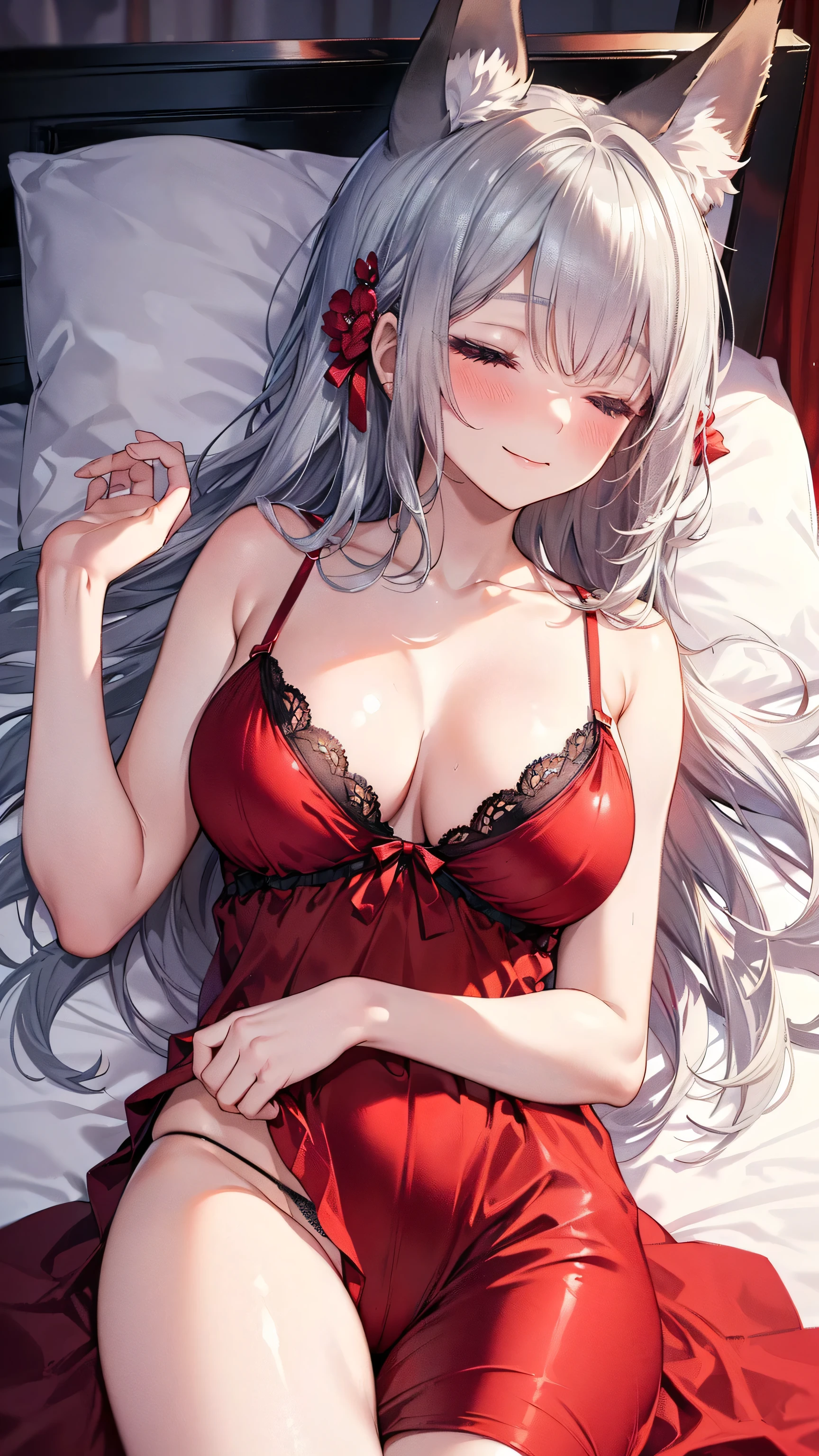Best Quality,High resolution,8K,finelity detailed background,Masterpiece:1.2),beautiful girl,Glossy romance gray hair,crossed bangs,Gray eyes,Gentle look,A refreshing look,smile,Best quality,Best Quality,Aesthetic and aesthetic:1.2,Best details((Super detailed))(High-definition CG illustrations),Upper Body, Red underwear,(red intricate lace),Slender body,night,moon,Bedroom,On the bed,smile,blush,cute,Scrounge,Looking up,Being spoiled,super model,wariza,shoot from,below