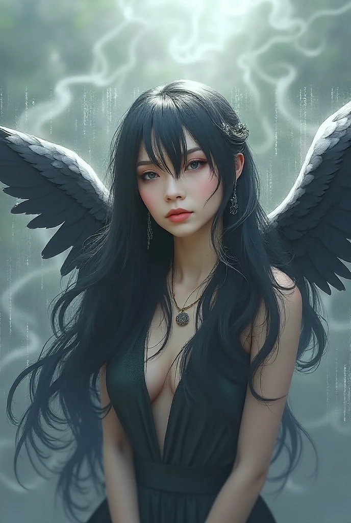 A woman, half angel and half demon, long white hair on left side, long black hair on right side, angel wing on left, demon wing on right, nude body with intricate tattoos, detailed facial features, dramatic lighting, dark moody atmosphere, cinematic composition, photorealistic, 8k, high quality, masterpiece