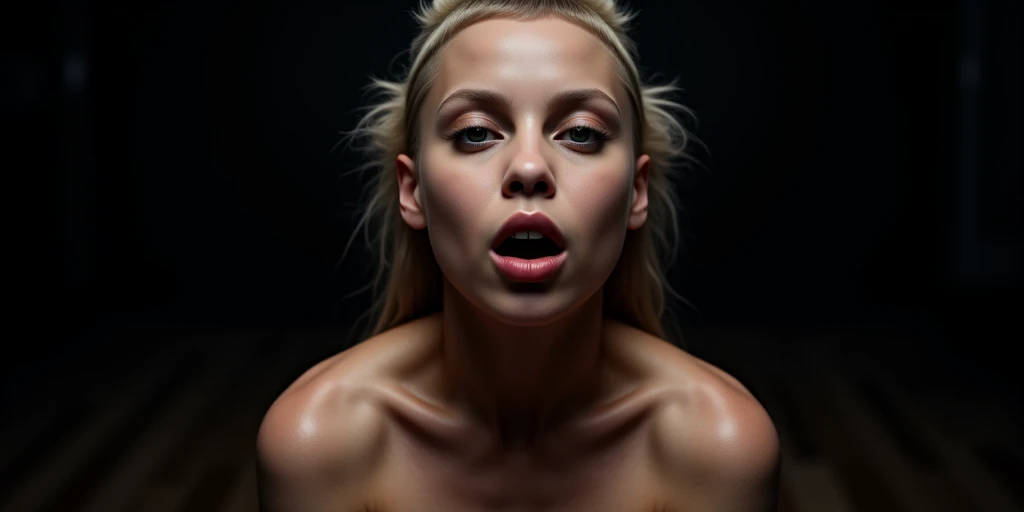 extremely detailed, high quality, realistic, photorealistic, 8k, masterpiece, bimbo doll, extreme huge plastic lips, huge eyelashes, pink lipgloss, open mouth, short blonde hair, plastic face