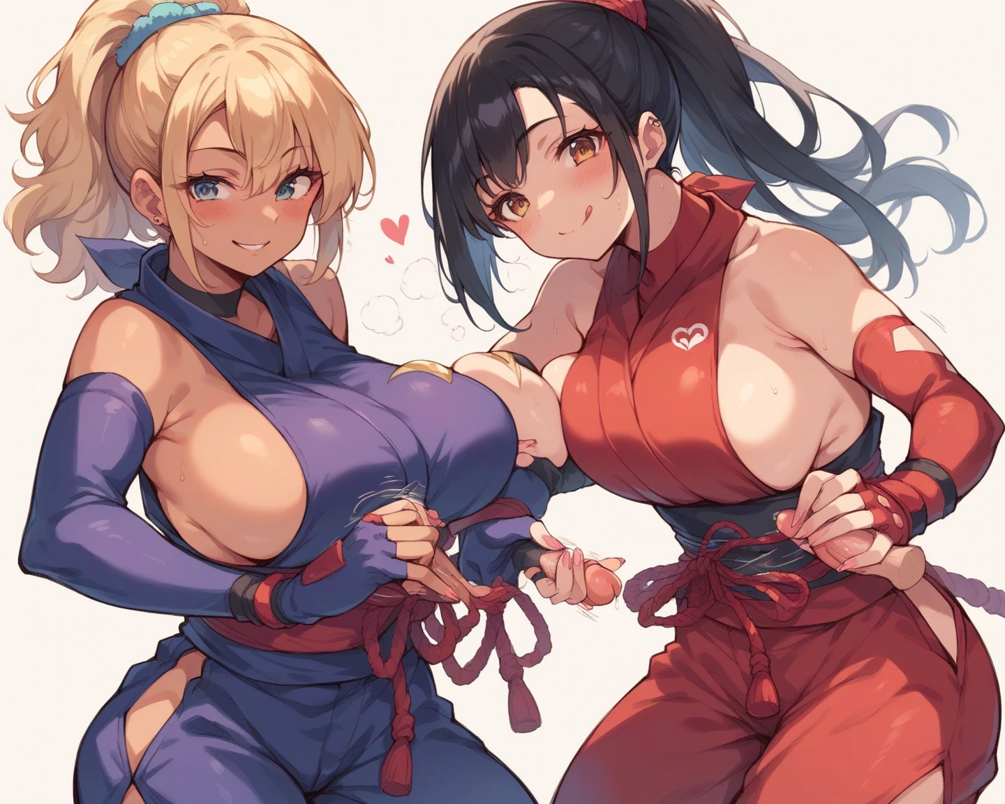 ((sexy 2girl ,gyaru)) ,nsfw, glamorous, voluptuous, curvy, shrine maiden outfit,red mini skirt,bare shoulders,cuffs,black hair,stand,