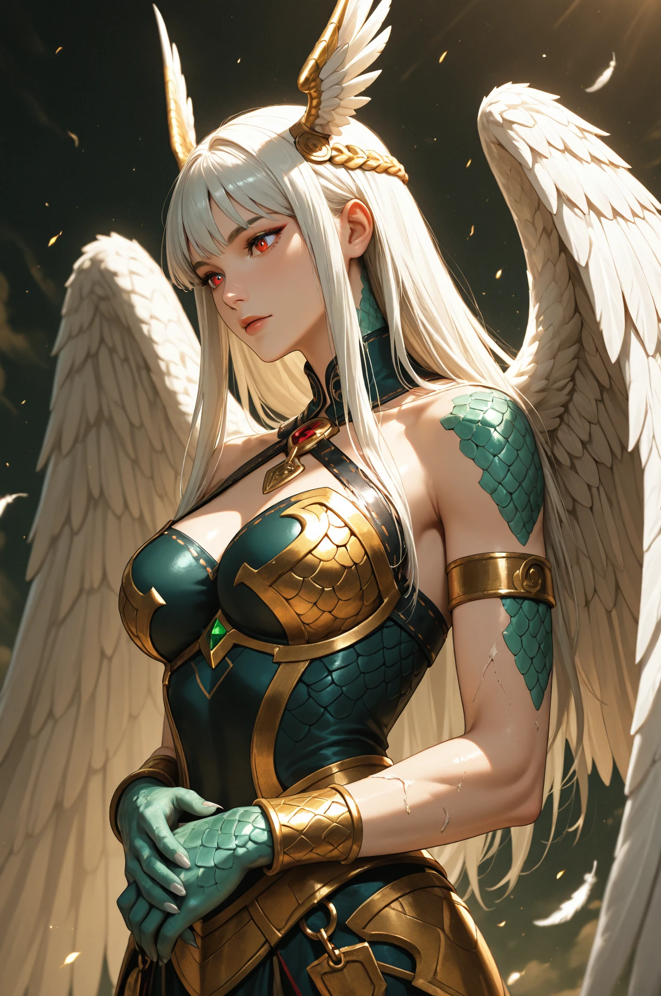 hand drawn sketch illustration of a beautiful angel with white hair, green eyes, broken angelic wings, bronze armor, gem studded, illustration, watercolor sketch, (best quality)), intricate detailed, Indian