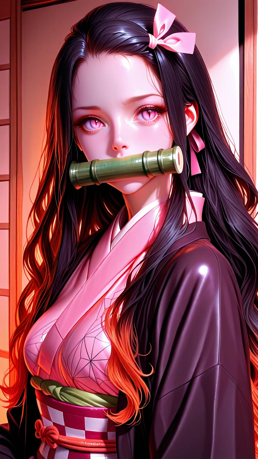 masterpiece, best quality, highly detailed, ultra high res, (photorealistic:1.8), unreal_engine, photograph, realistic_skin_texture, nezuko, kamado nezuko, 1girl, solo, long hair, black hair, pink eyes, multicolored hair, hair ribbon, (bamboo gag, bite gag), portrait, looking at viewer,  smile, pink kimono, own hands together, rialistic photo、Real Images、Top image quality、​masterpiece, (Pink kimono), seductived faced, good lighting, beautiful thigh、adult appeal、Adults、Big、cleavage, finely detail, ​masterpiece,I can see my 、 radiant eyes, 1girl in, A dark-haired, SUCK, Kamado Nezuko, wisteria background, ​masterpiece, top-quality, POV,,