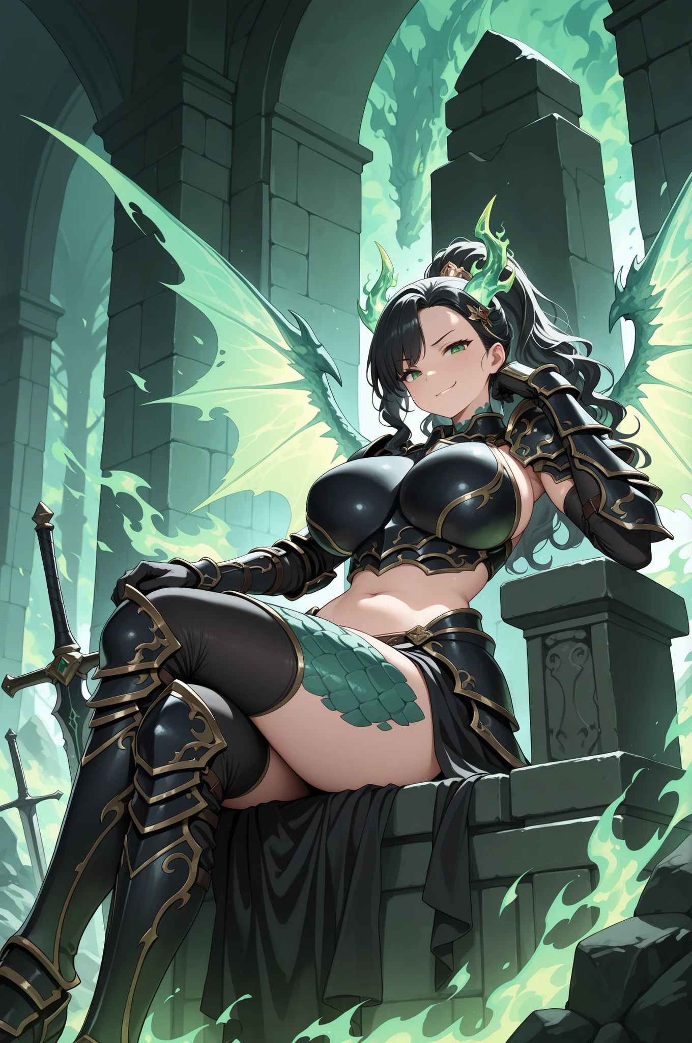 masterpiece, highres, absurdres, illustration, full body shot,((masterpiece:1.4, best quality)), (Ultra detailed background), magical long wand, Knee-high boots, dynamic angle, highly detailed beautiful face and eyes, beautiful eyes, (sharp detail:1.3), 1girl, solo, alone, full body, AddXL, black hair, long hair, yellow green eyes, large breasts, smile, gray lips, skinny, black dress, expose skin, flower, rose, jewelry, nail polish, ring, hair ornament, flower ornaments, black nails, cowboy shot, White hell, masterpiece, best quality,white hell, 1girl, malleus draconia \(twisted wonderland\) horns,AddXL