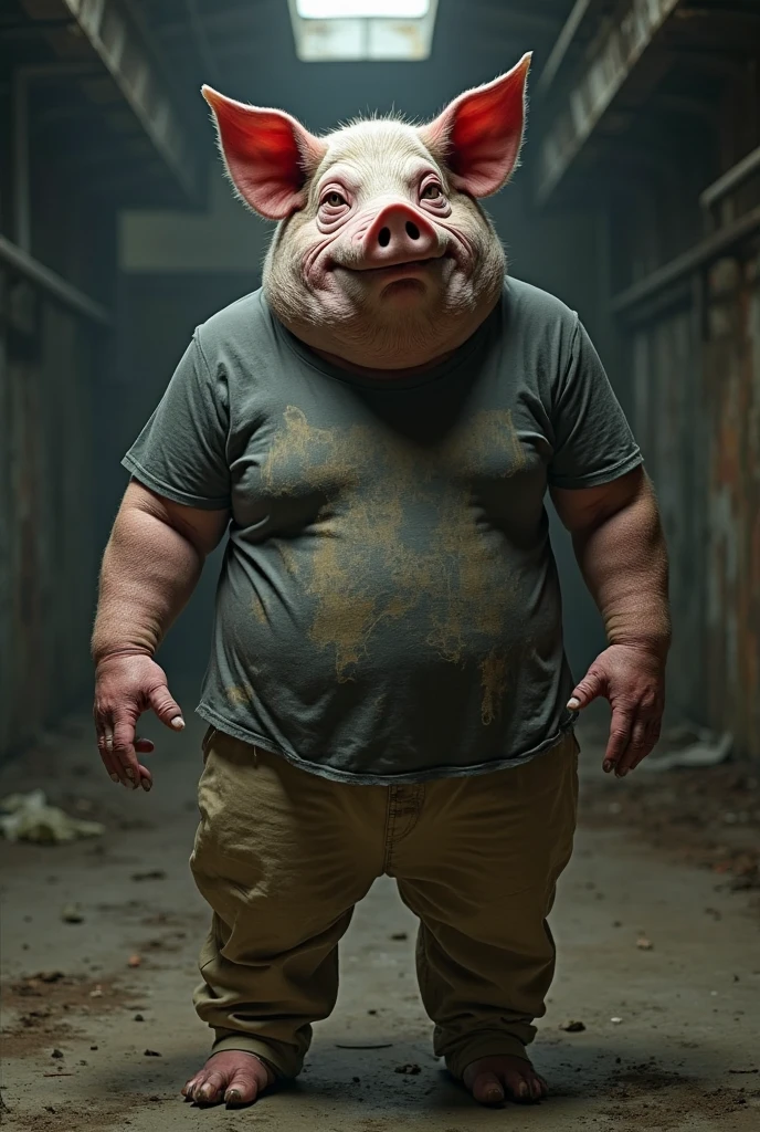 A detailed action figure of a horrifying male humanoid pig creature, grotesquely obese, wielding a chainsaw, standing in a dilapidated industrial setting, dimly lit, gritty atmosphere Its skin is pallid and scarred, its eyes filled with a terrifying madness. The creature is naked, bleeding, except for bandages wrapped around its wrists and ankles. The setting seems to be a dark and dirty hallway.  standing in a dilapidated industrial setting, dimly lit, gritty atmosphere