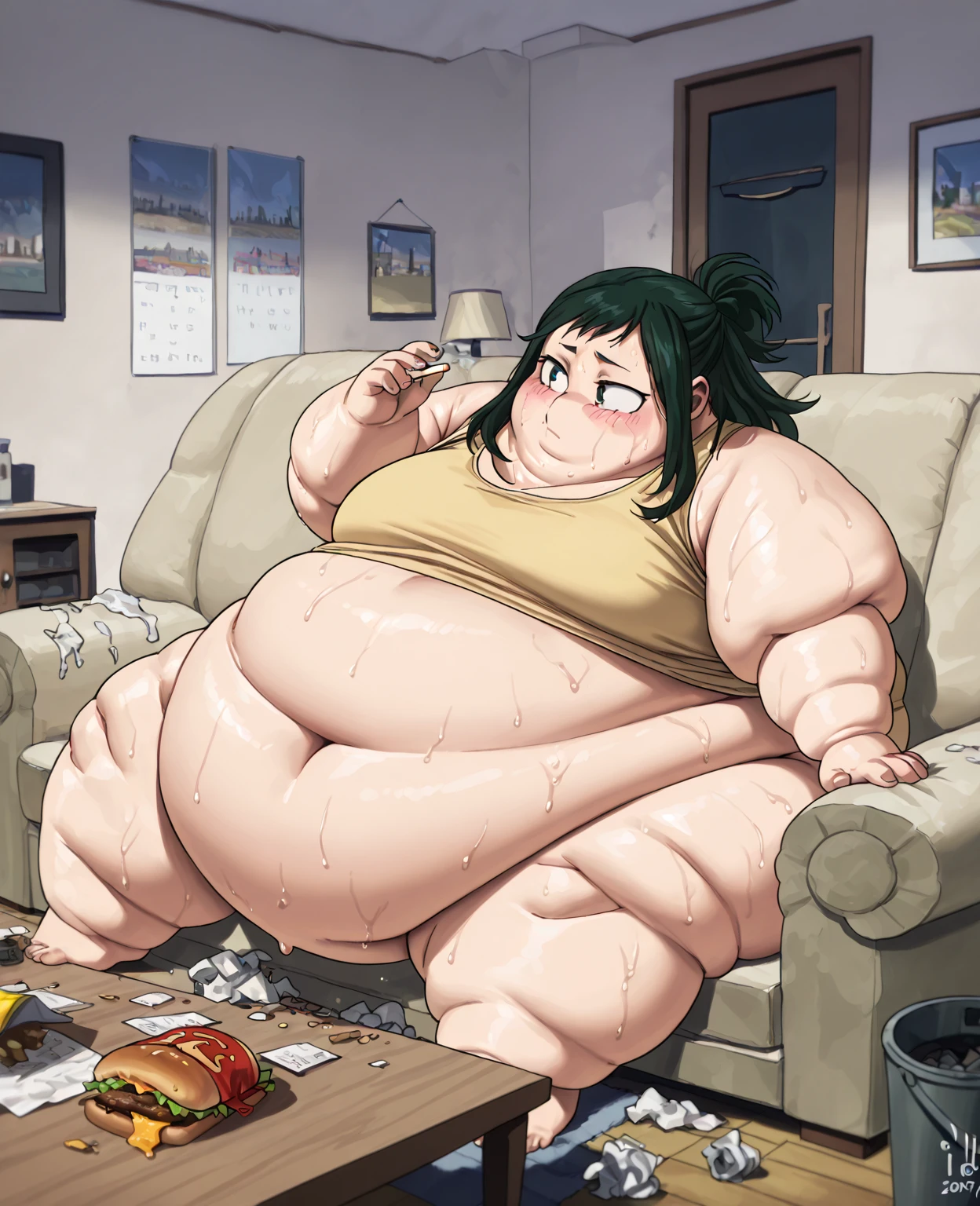 Green hair, long hair, topless, , naked, big boobs, (obese boobs:1.4), sexy, seductive, futuristic background, obese belly, stuffed belly, stuffing, (obese belly:1.4) obese legs, obese face, eating pizza, lots of pizza, boxes of pizza,