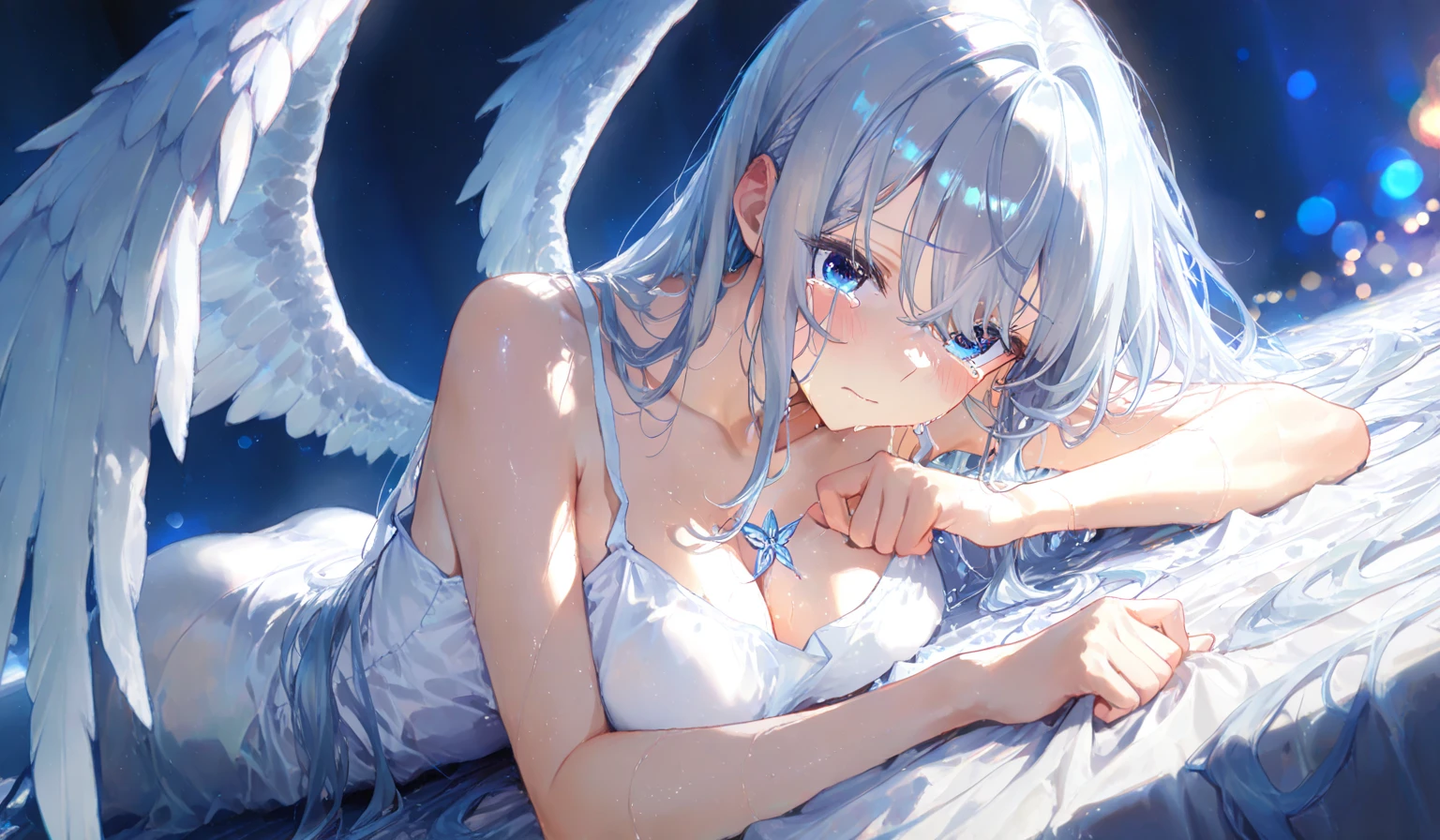 An anime teen girl, (((laying straight: 1.4)) on a (bed: 1.3)), (((half naked))), cinematic light, slim body with curves, skin is perfectly white, soft, (medium breasts), smooth, ((no nsfw)), Extremely delicate and beautiful CG illustration, best quality, high resolution, dynamic angle, full-length lens, (1 girl), floating, soft light, high-key lighting), glowing light, blue halo, feathers fluttering background, blue crystal, ((((wearing nothing but a white (transparent) tank top))))
