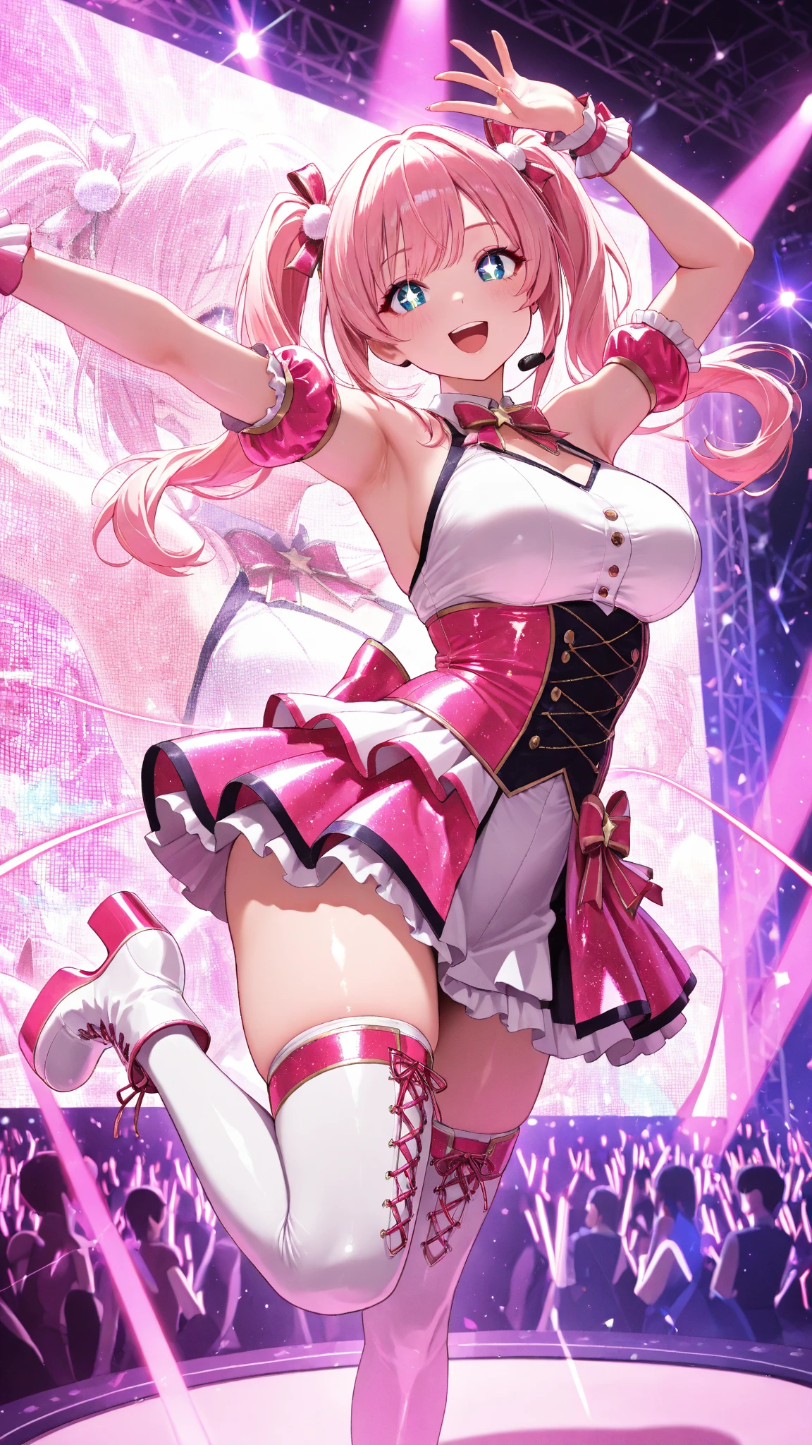 detailed background、highest quality、teenage beauty((3 people:1.5))、cute hairstyle、Japanese:1.5,huge breasts、smile、(very tight magical girl:1.4)、Choose tight magical girl clothes with floral patterns or pastel colors、Pair your feet with flat sandals or sneakers..、Add accents with a basket bag or headband、By incorporating spring-like bright colors and patterns,Creates a gorgeous and cute impression,(Armpit milk:40%),(underboob:70%)
,(skirt lift:45%),(Nipples pumping:20%)
