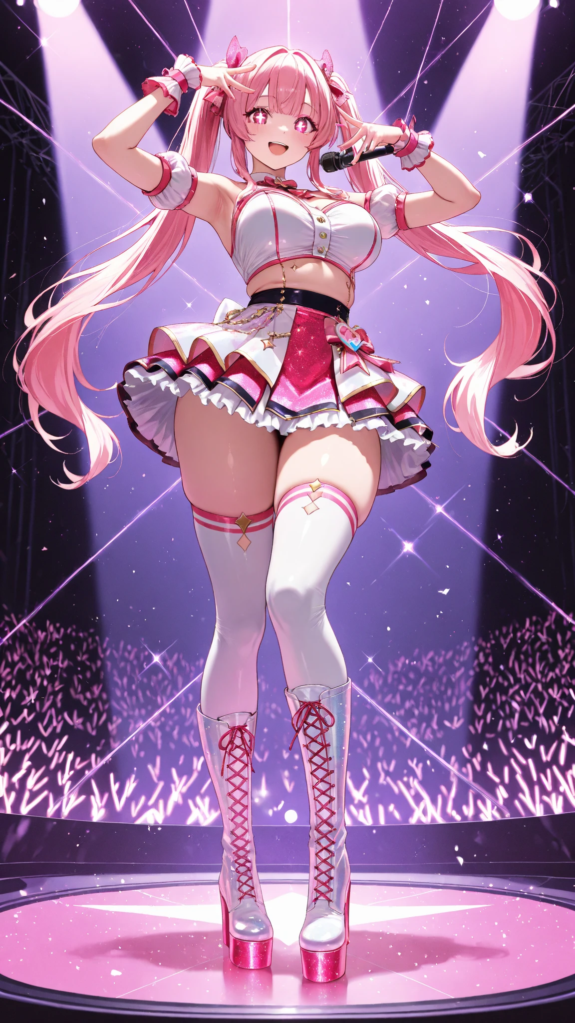 Anime illustration style,a beauty girl,demonic horns,Devil's wings on the back,(full bodyesbian),((Draw to the tips of your feet))、Standing,((hi-school girl)),校服,preppy style,((Short Bob))(,short-cut),A little bit of sagging eyes,High skin exposure,Pink hair,(The color of the eyes is green),Eye color is emerald green,The navel is visible,Navel Ejection,There is a hole where you can see the cleavage、(((Idol costumes))),(((Singing a song))),is singing,((Have a hand microphone)),The background is a live stage,SF