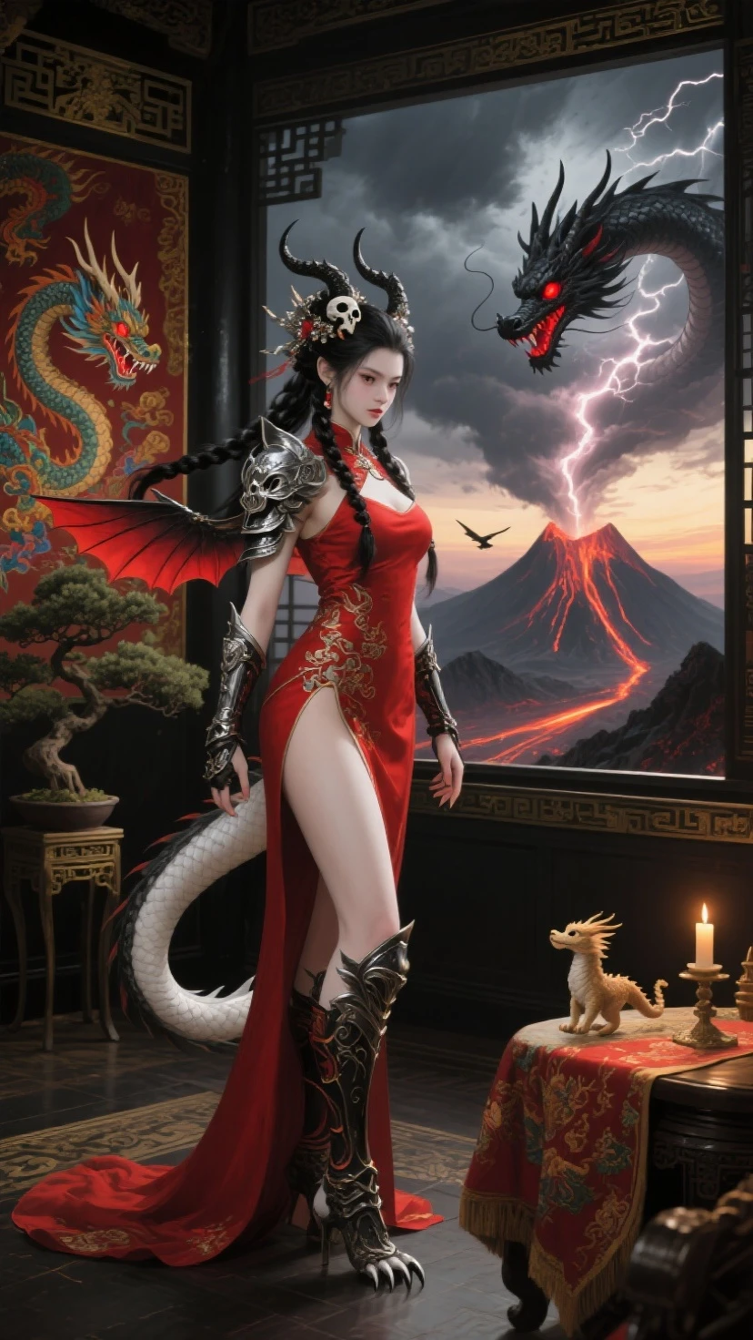 (Full Body of Extremely Detailed Dragon girl) with (Sparkling Red eyes)  Cyan hair in a high ponytail, liquid hair, flowers, (Huge dragon head) in background, 8K TopQuality UltraDetailed Masterpiece of Professional Photo, HDR ultra-fine painting, LifeLike rendering, extreme detail description, professional, Bright colors, bokeh, (Exposed Hourglass Body Shape)