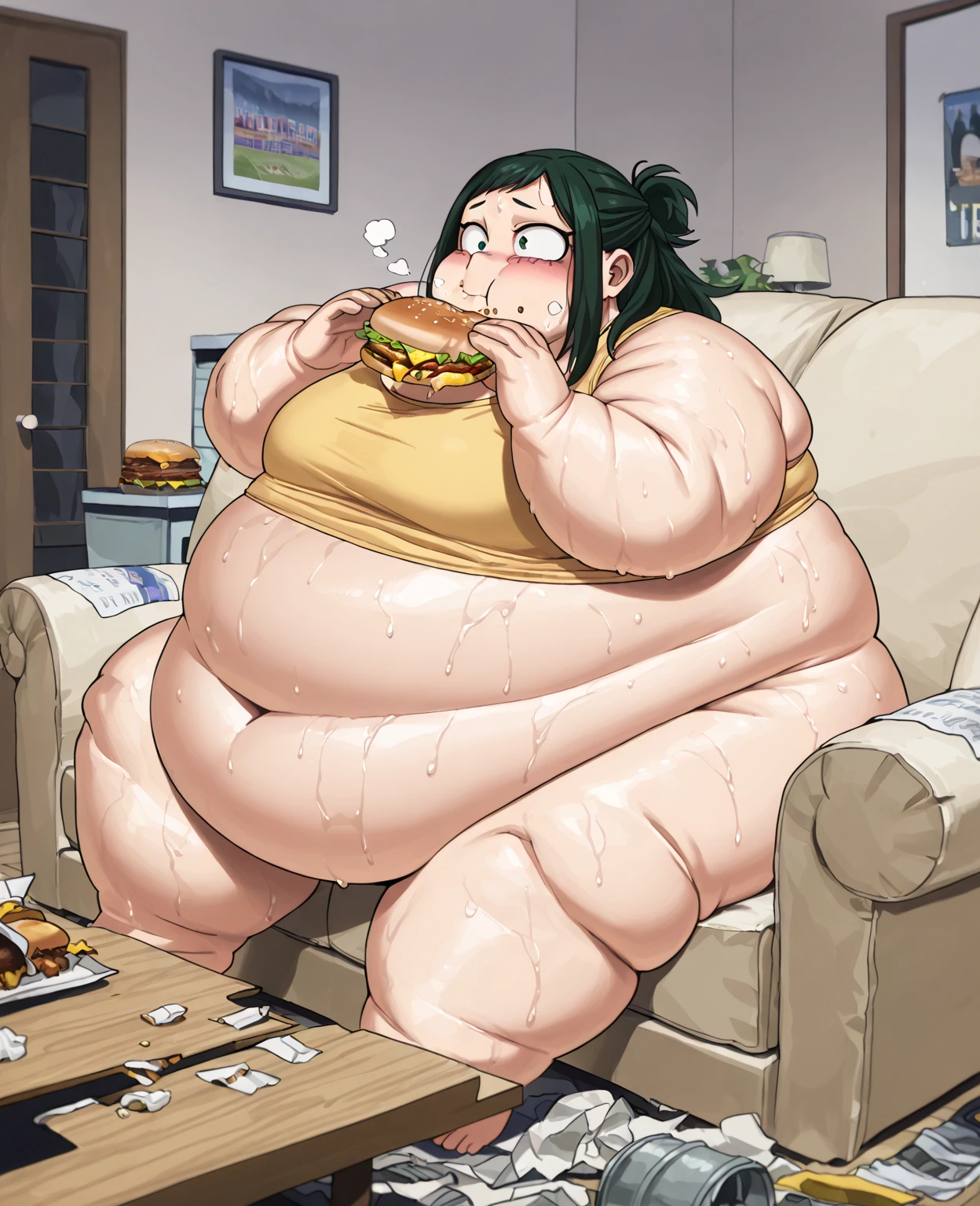 small girl, regordete, in a pizzeria, ((boca abierta ahegao)), ((cinco dedos en ambas manos)), ((obese)),