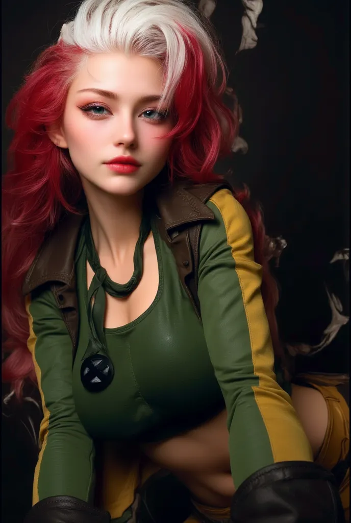 20-year-old girl, diamond-shaped face, danfeng eyes, delicate makeup, red bright lips, red medium long hair, emerald green dye, stud earrings, high cold expression, left hand photo pose, slightly tilted head, half body display, black jacket, white vest, motorcycle girl, small, cheekbones, etc