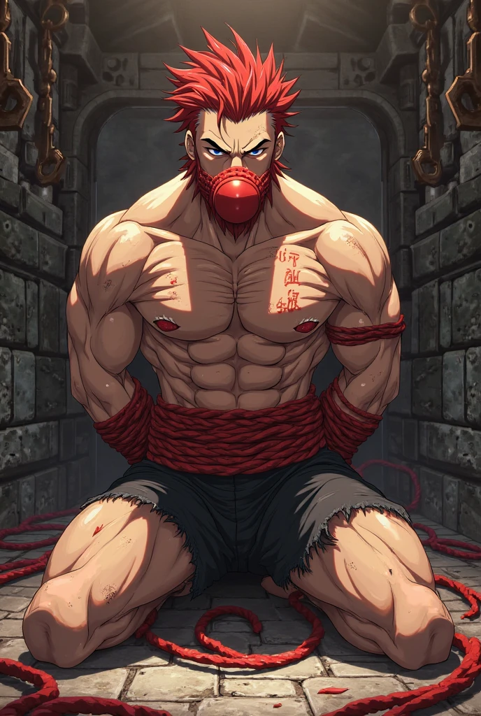(masterpiece, best quality:1.2)cowboy shot,back view, solo,Elderly old man, EijiKOF, 1guy, blue dougi, bottomless, fundoshi,face mask, fishnet top, bracelets, red belt, full body, crawl on all fours, expression of agony,open mouth,blush,sweaty,sweat vapor,Bukkake, spoken heart,perfect ???????,at the dojo, masterpiece, perfect face, perfect picture, detailed eyes, sharp focus, High detailed view, dark skin, High detailed,Fundoshi,bukkake