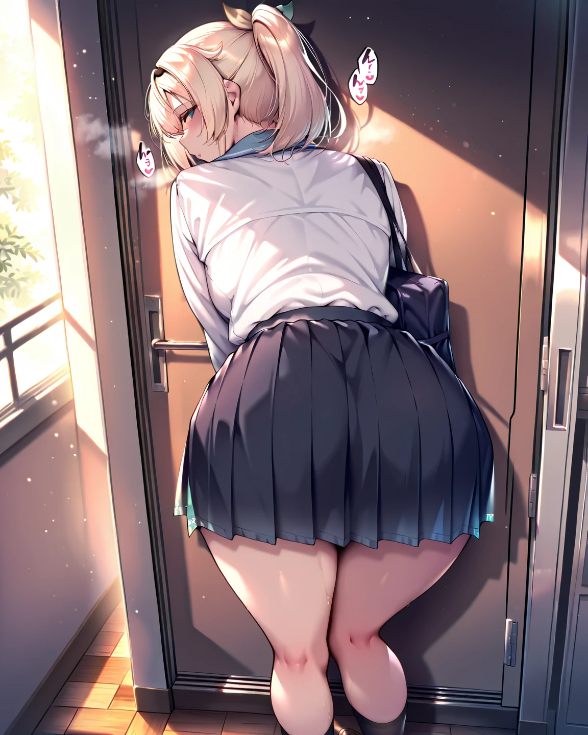 ((NSFW)),standing , back viewing, station stairs,18 year old beautiful woman, I'm half Russian and half Japanese、i have super white skin、(((School uniform)))、(((panties shot、thong )))、she has very nice skinny legs, body is wet、shiny skin,(cum on miniskirt)、((((from below))))、inner thigh focus、sexual excitement