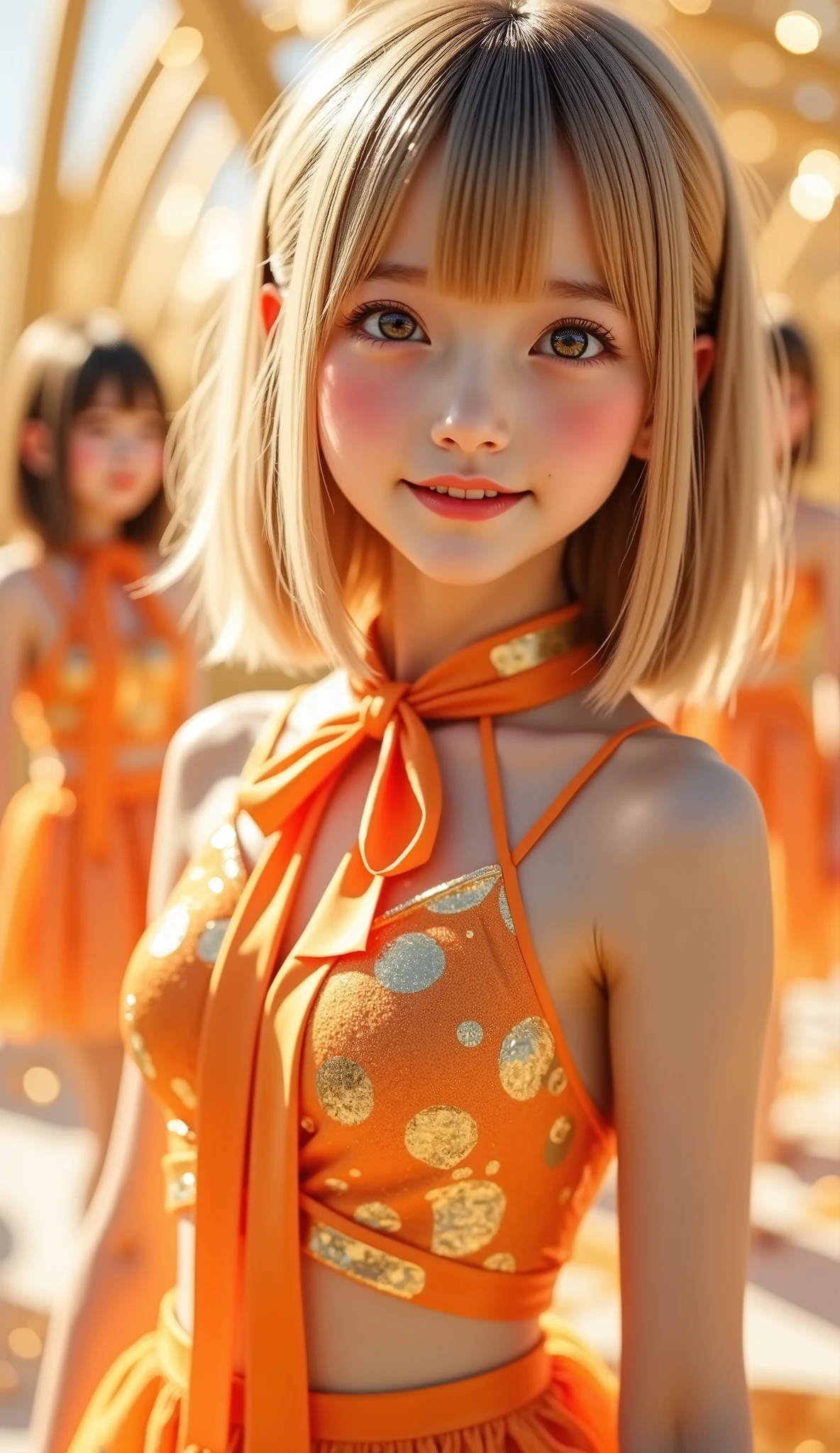 idol world、petite girls、child body type、bobbed hairstyle、golden hair、gray eyes、orange shiny fabric ribbon、Smile、Glamorous Stage、Geometric pattern dress 、idol clothes