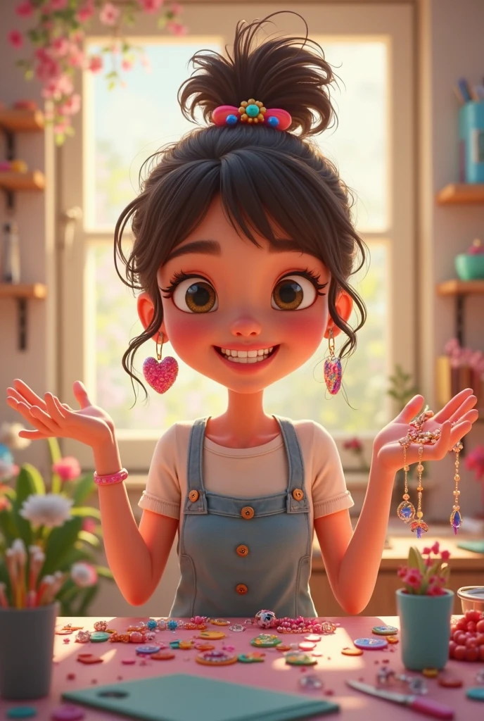 Cute woman making bows pixar drawing
