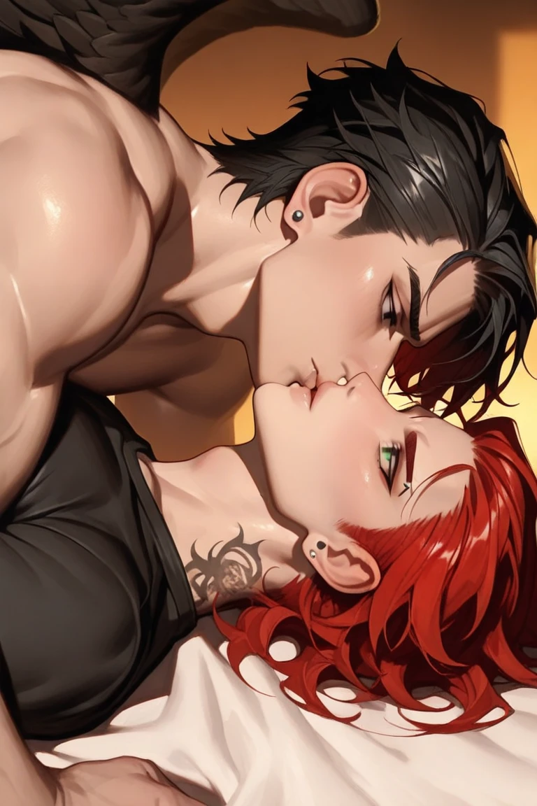 A boy swarm light, haircut very long and black hair, passionate kissing in the bed a girlfriend, a girl white, redhair and haircut very short, she used a neclace dog big