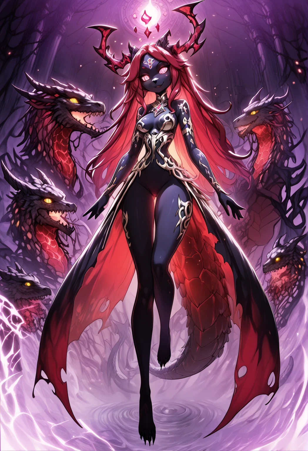 in a castles throneroom, a girl with vibrant red hair and captivating green eyes stands before you. Her fangs peek out from her open mouth as she gazes at the moon with wide-eyed wonder. A subtle smile graces her lips, revealing her excitement and joy. Her sharp ears add a touch of otherworldliness to her appearance. Crimson droplets of blood adorn her pale skin, contrasting beautifully with her gothic attire. She wears a flowing purple coat and a matching scarf, adding an air of mystery to her ensemble. Underneath, she dons a black dress that accentuates her figure, paired with black thigh-highs that add a touch of allure. Noticeable yet not overpowering, tentacles gracefully emerge from her back, adding an ethereal element to the scene. With one hand outstretched towards the moon, she yearns to become a part of its celestial realm. The overall mood of the scene is dreamlike, as if this moment exists in a realm beyond our own.