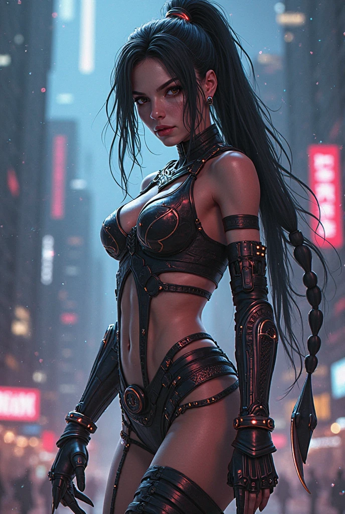 In a cyberpunk city dominated by chaos and violence, Alana Fletcher stands out as a model in a stunning bikini and lingerie. gothgal, Wearing a tiny black bikini and a garter belt and a cyberpunk leather corset that evidence her magnificent forms, She strikes sassy, tempting poses for the camera, defying the fire and smoke that surrounds it. His gaze is sweeping and magnetic, exibindo sua cintura fina, seus quadris voluptuosos e seu rosto encantador., smile, happy, cinematic lighting, drop shadow, ray tracing, speed lines, Sony FE GM, 85mm, 360 view, Ultra-Wide Angle, cowboy shot, from behind, first-person view, lineup, Surrealism, 8k, anatomically correct, high details, best quality