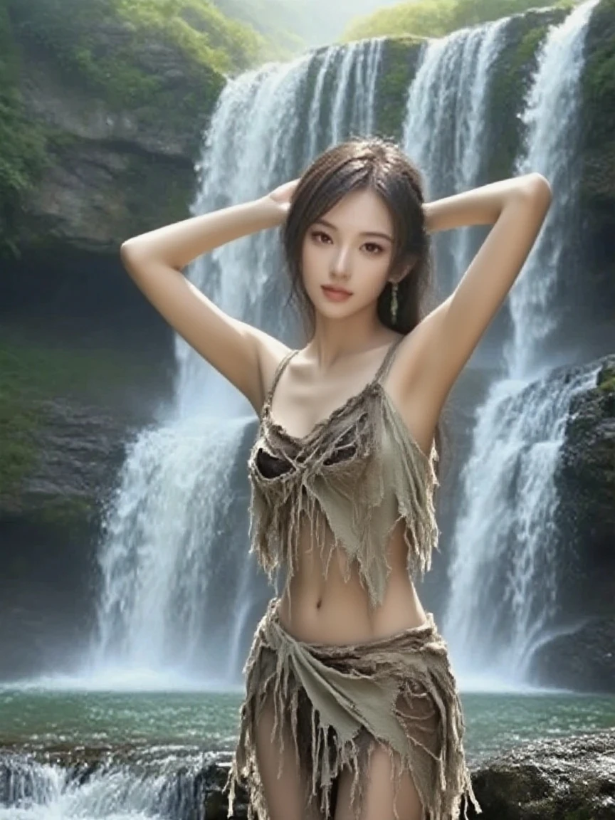 17 years old girl, beautiful asian girl, light brown skin, wavy hair, black hair, white flower on ear, belly dance clothes, wear long skirt, natural beauty, small body, wet body, wet clothes, waterfall background