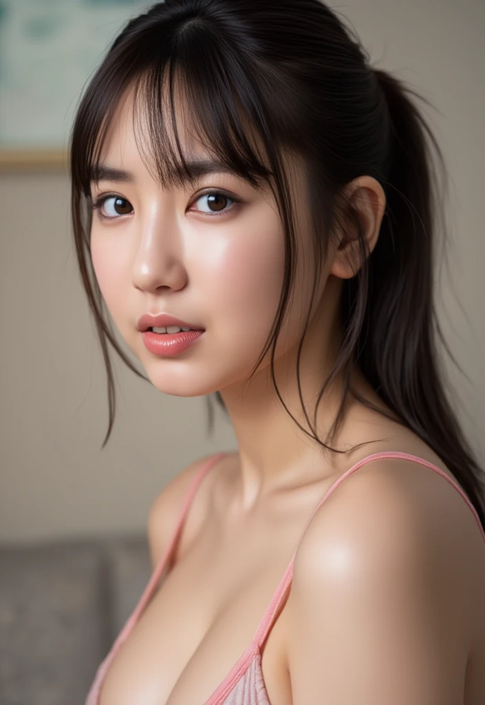 bangs,(Large Breasts:1.2),(Highest quality,masterpiece:1.2),One person,One person,alone,Fair skin,8k,Ultra-high resolution,Super detailed,Highest quality,Look at the viewers、Perfect lighting,flat light,super high quality,Ultra-high resolution,masterpiece,Realistic,Detailed face,Perfect Anatomy,Slender body、Young face、smile、Sweating、Flushed Cheeks、whole body、Please wear a leotard.、New Gymnastics、Beautiful feet、Baby Face、round face、light makeup、Have a lively bounce around!、Sweaty