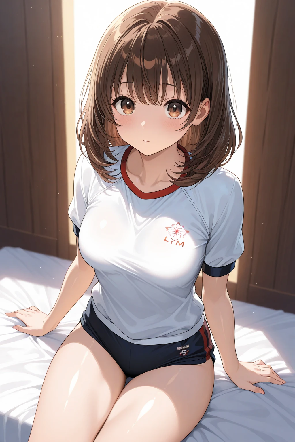 Taeko Kondo、Girls&Panzer、Brown Hair、Short Hair、((Short leggings))、Photo from below、Medium chest、Bedroom、(Gym clothes with short sleeves)、Red ribbon、((Black knee-high socks))、(The whole body gets wet)、Kneeling
