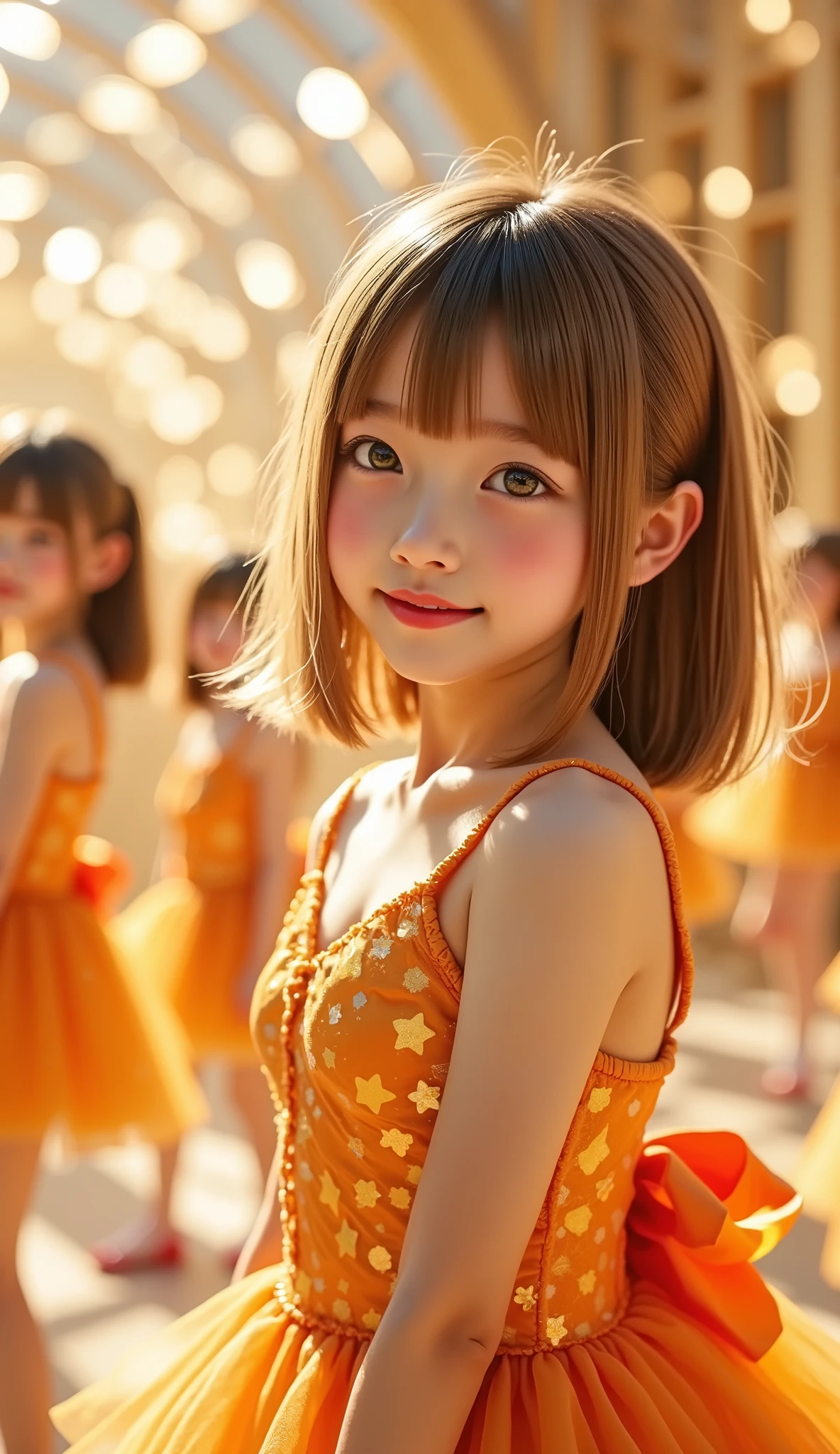 idol world、petite girls、child body type、bobbed hairstyle、golden hair、gray eyes、orange shiny fabric ribbon、Smile、Glamorous Stage、Geometric pattern dress 、idol clothes
